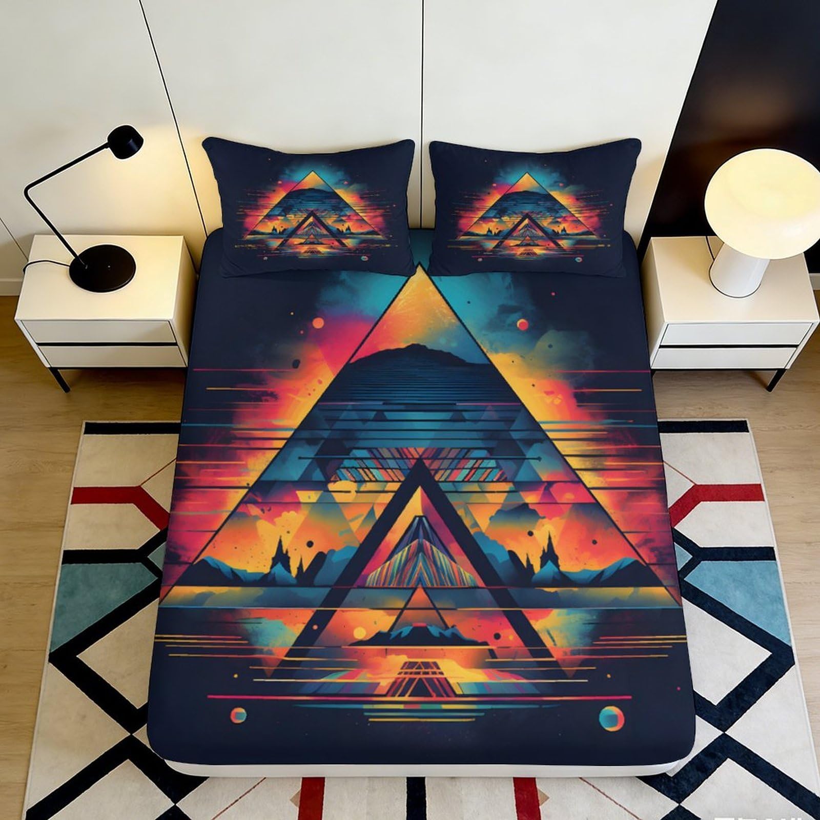 3D Printed Retro Neon Pyramid Fitted Sheet Microfiber Soft Geometric Sunset Bed Sheet for Bedroom Decor 90x200x25cm