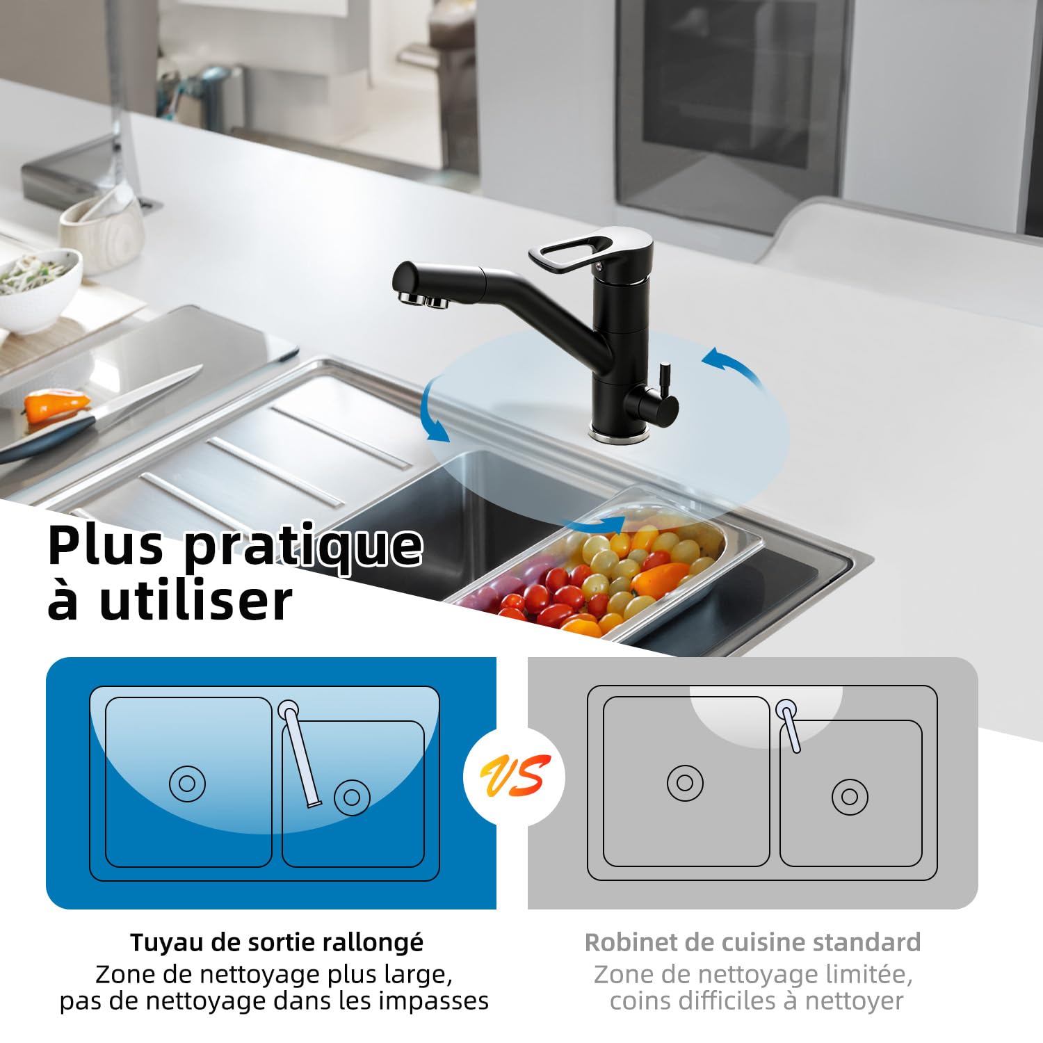 Robinet de Cuisine 3 Voies, Robinet de Cuisine Rotatif à 360°, Robinet d'évier avec Bec Flexible, G3/8 Pouces (Robinet à Triple Raccordement avec Filtre à Eau, Noir)