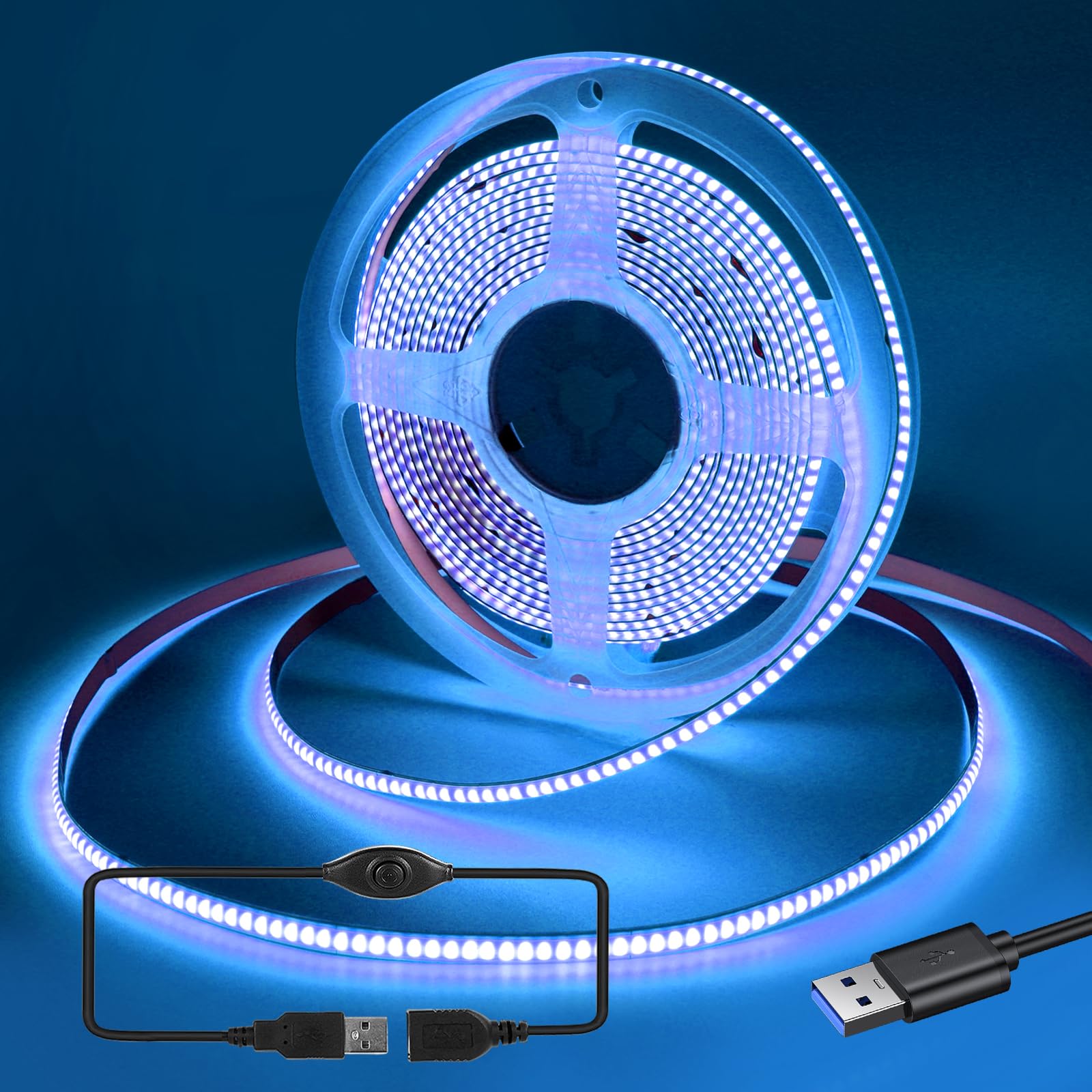 RYE USB Power 2m 5V COB LED Blue Strip Light Kit,320LEDs/M,CRI80+,Flexible Rope/Tape Light for TV Monitor Backlight,Mirror,Cabinet,Wardrobe,Cupboard DIY Lighting,Power Supply Excluded.