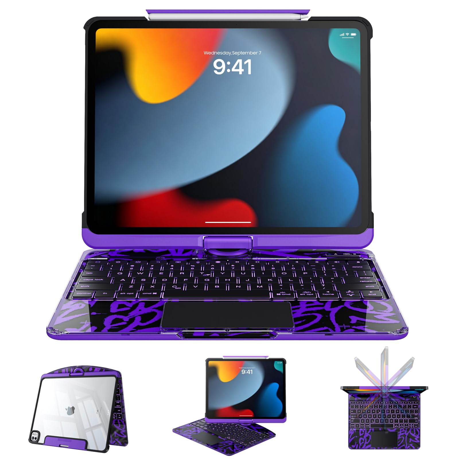 Clear Case with Keyboard for iPad 9th/8th/7th Gen 10.2 Inch, 360°+180° Rotating iPad Keyboard (2021/2020/2019), LCD Display, Pencil Holder, 7-Color Backlit, Multi-Touch Trackpad, Purple