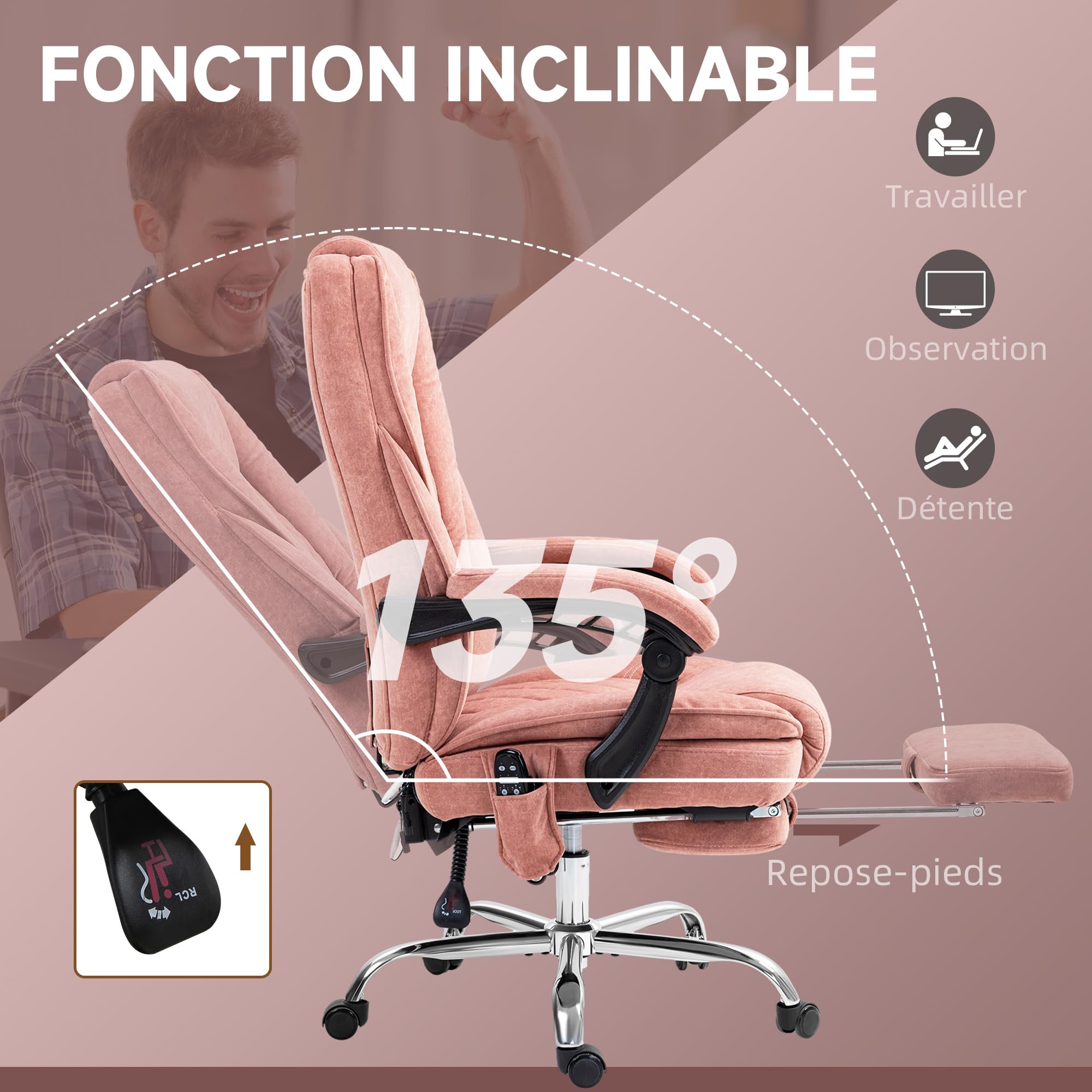 Vinsetto Fauteuil de Bureau Massant et Chauffant Ergonomique Rose