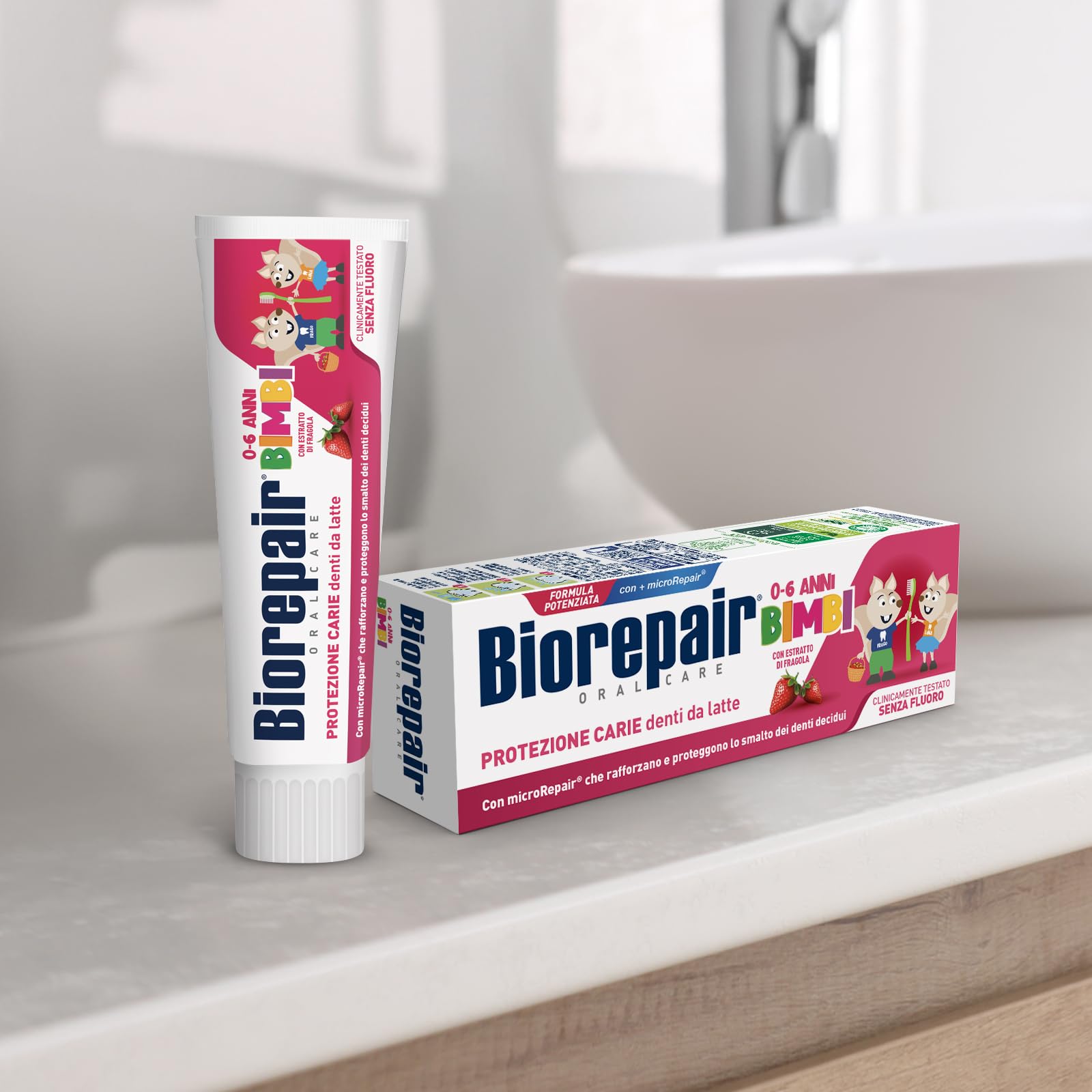 Biorepair, Pasta do zębów dla dzieci w wieku 0-6 lat, 12 opakowań 50 ml, pasta do zębów Biorepair dla dzieci bez fluoru, truskawka, przeciwgorączka, dla zdrowych dziąseł