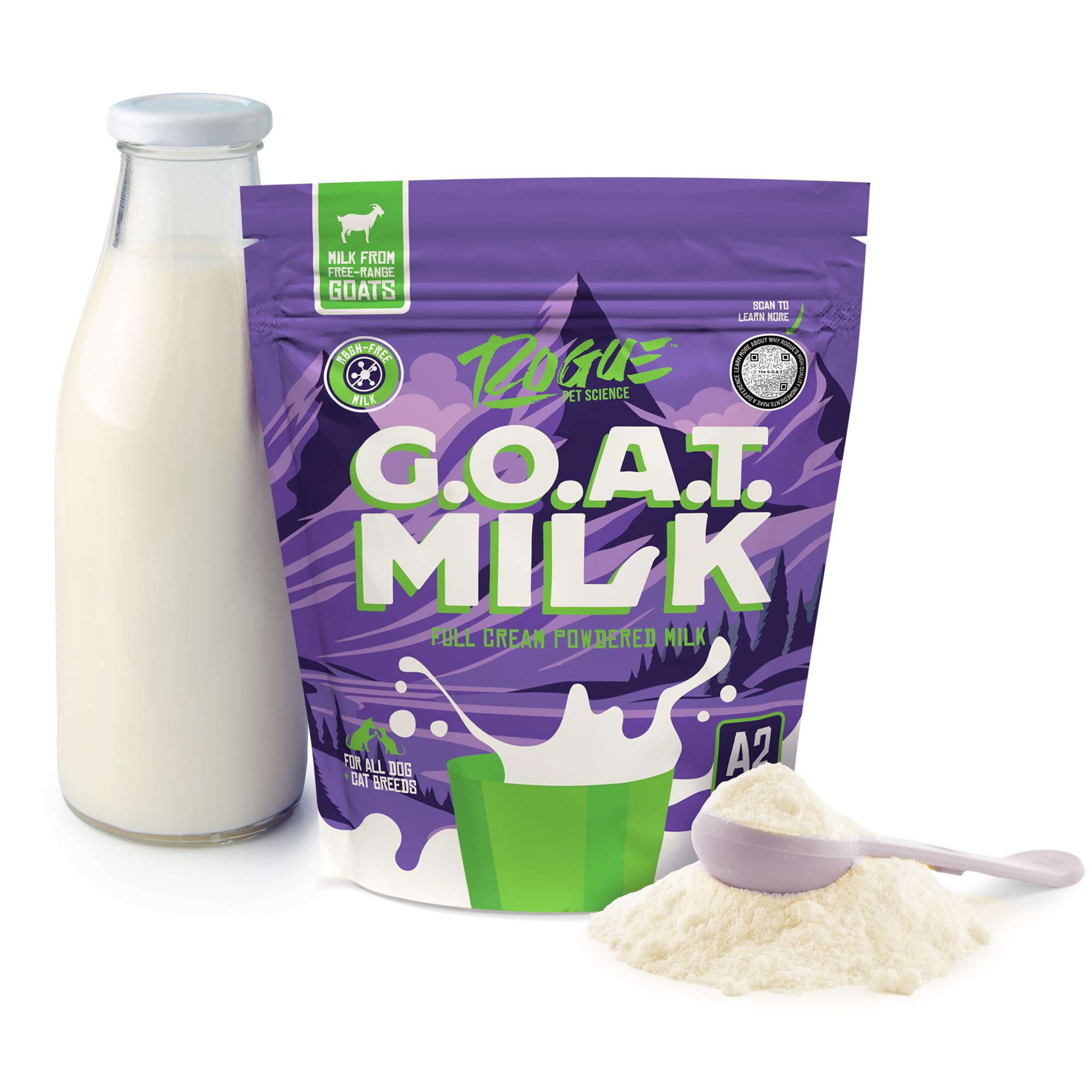 Rogue Pet Science G.O.A.T Milk – Powdered Goat Milk for Dogs and Cats. One 16-oz Bag Makes 6 Quarts. Human Grade A2 Powder for Adult Pets, Senior Hydration, Puppy and Kitten Food Topper