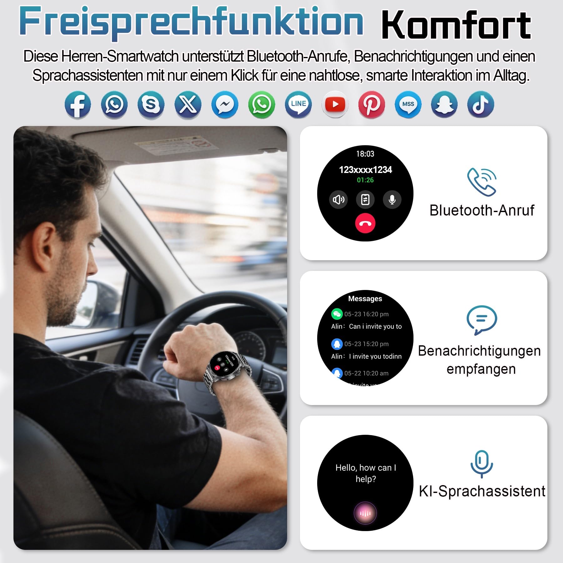 Smartwatch Herren, 1.52" HD 1000mmAh Militär Smart Watch mit Telefonfunktion, Fitnessuhr mit 100+ Sportmodi, Herzfrequenz Schrittzähler Schlafmonitor, IP68 Wasserdicht Sportuhr für Android iOS