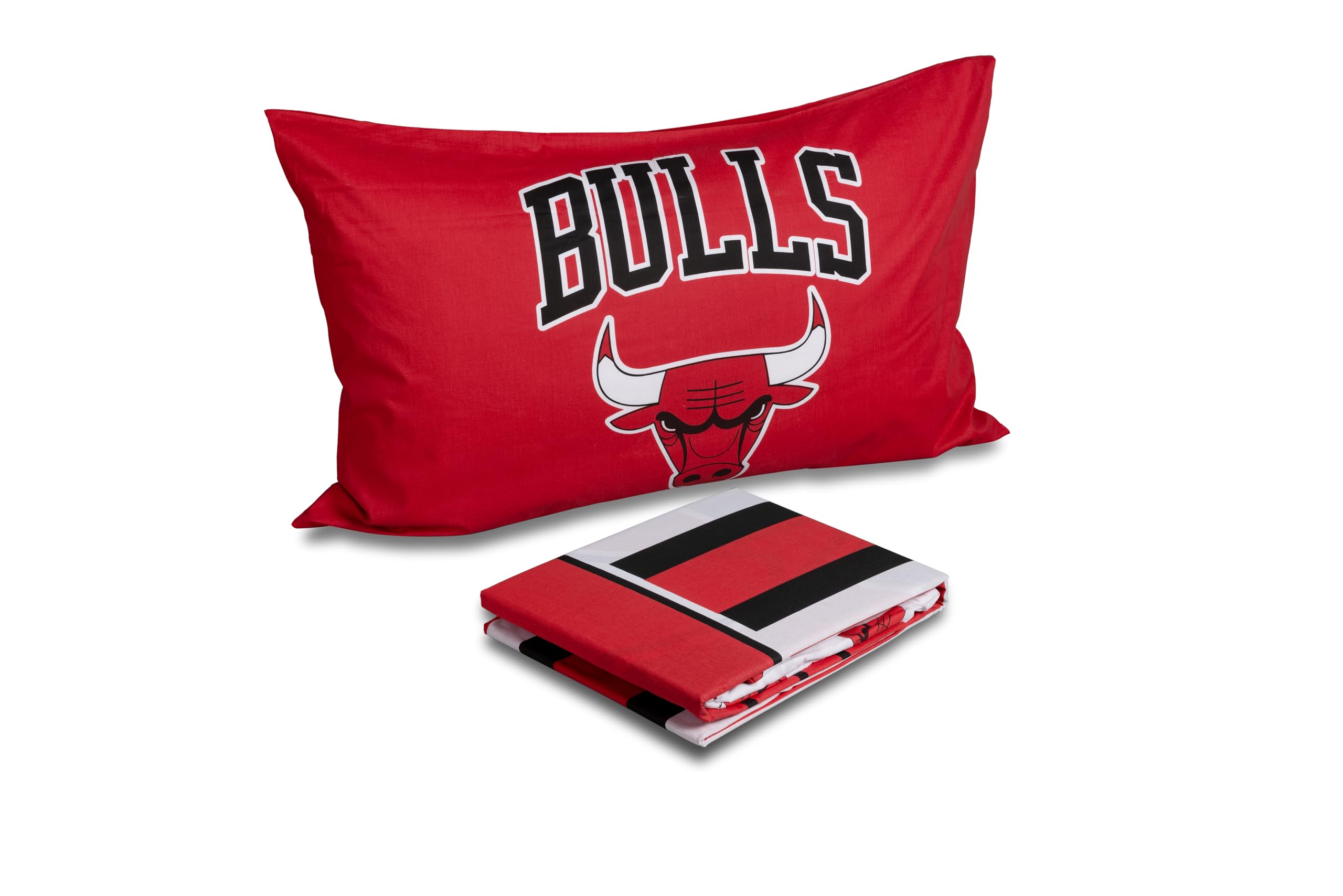 hermet NBA Bettwäsche-Set für Einzelbett, Bettlaken, Spannbetttuch, Kissenbezug, 100% Baumwolle, Bulls, offizielles Produkt