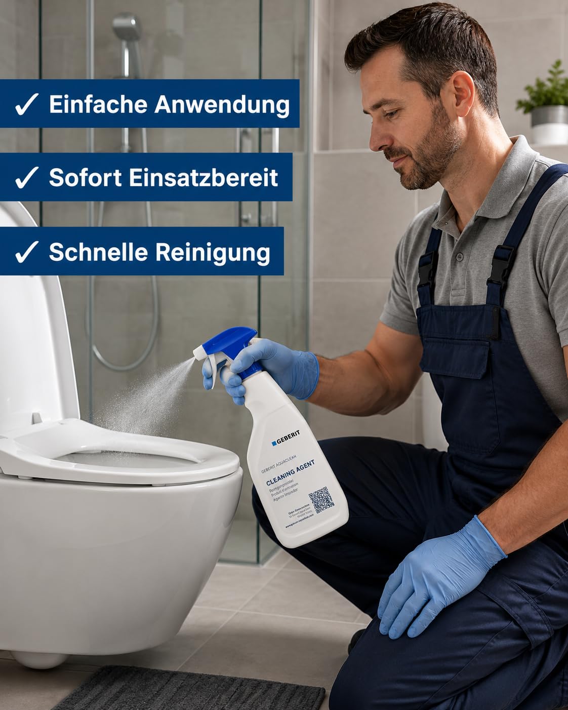 Pflege-Set für Geberit AquaClean Dusch-WC, Reinigungsmittel 500 ml + Entkalkungsmittel 4 x 125 ml + Mikrofasertuch 40 x 40 cm, materialschonend und gebrauchsfertig