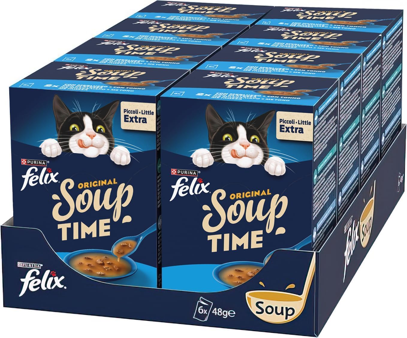 FELIX Soup Time Original Cibo Umido per Gatti Adulti, 48 Bustine da 48g | Cibo Umido Complementare con Merluzzo Tonno e Platessa