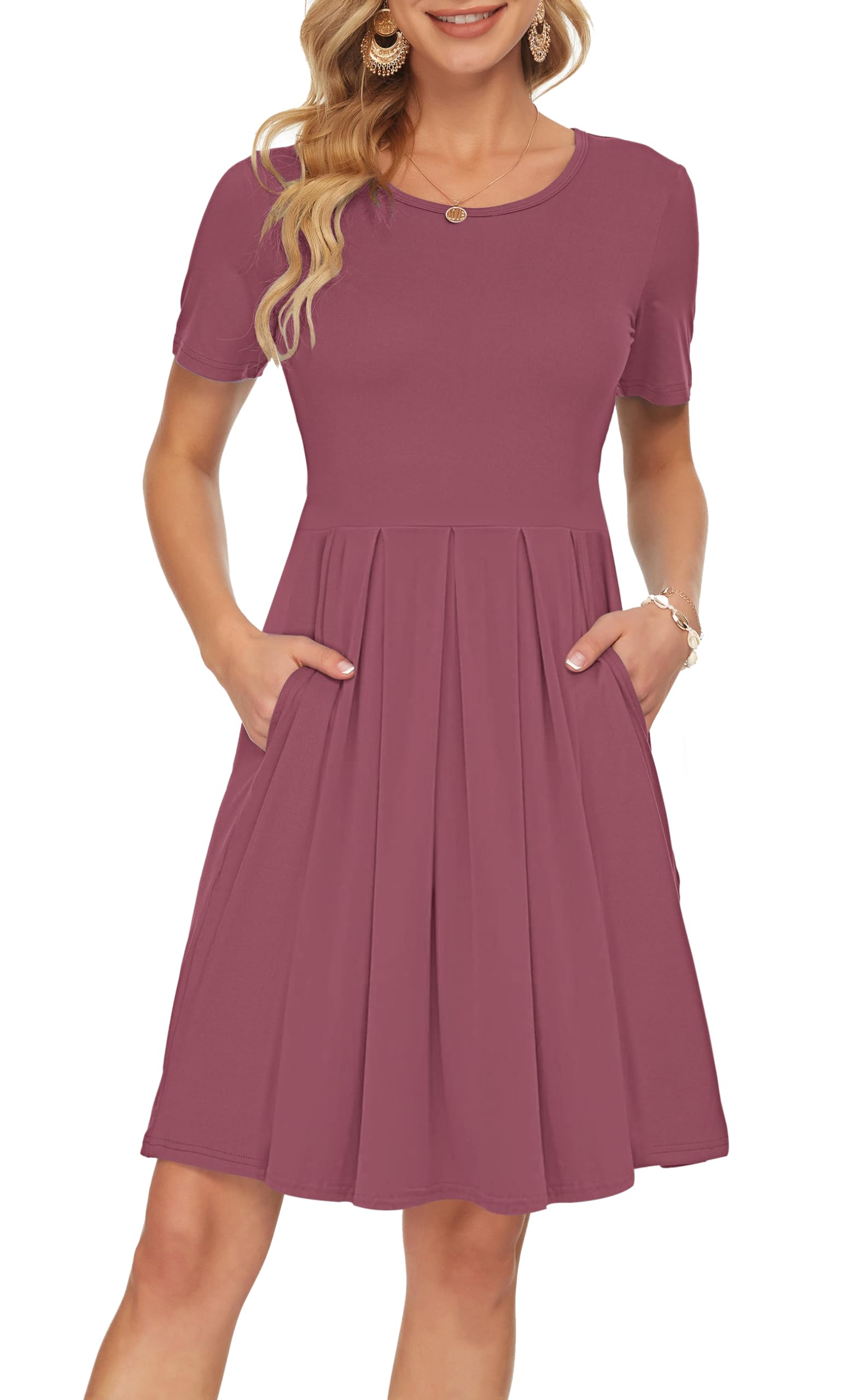 AUSELILY Ladies Summer Short Sleeve Pleated Loose Swing Casual Dress with Pockets Knee Length Mauve 2XL