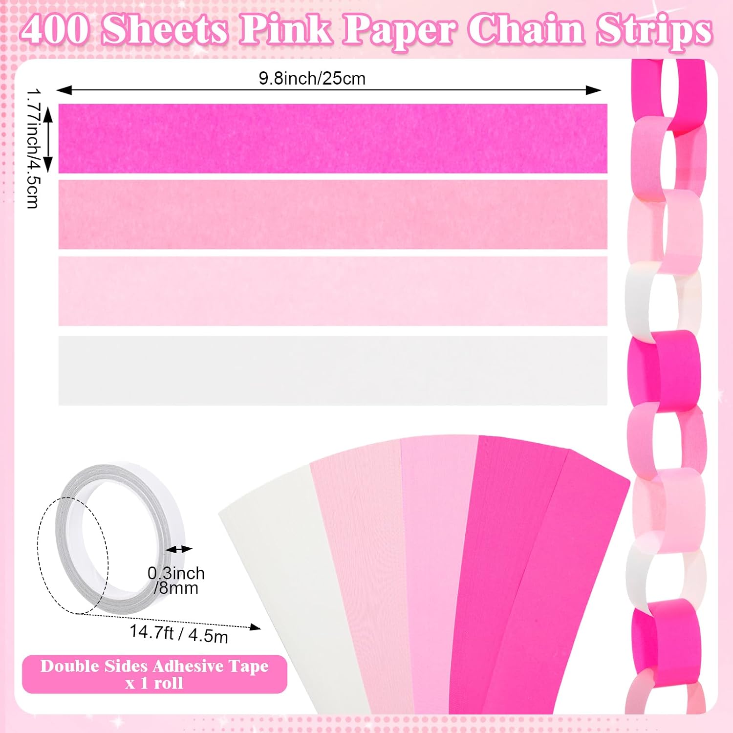 TaoBary Pink Party Decorations 600 Sheet Paper Chain Garland 328ft Pink Crepe Streamers 65.5ft Star Hanging for Birthday Bachelorette Party Wedding Decor