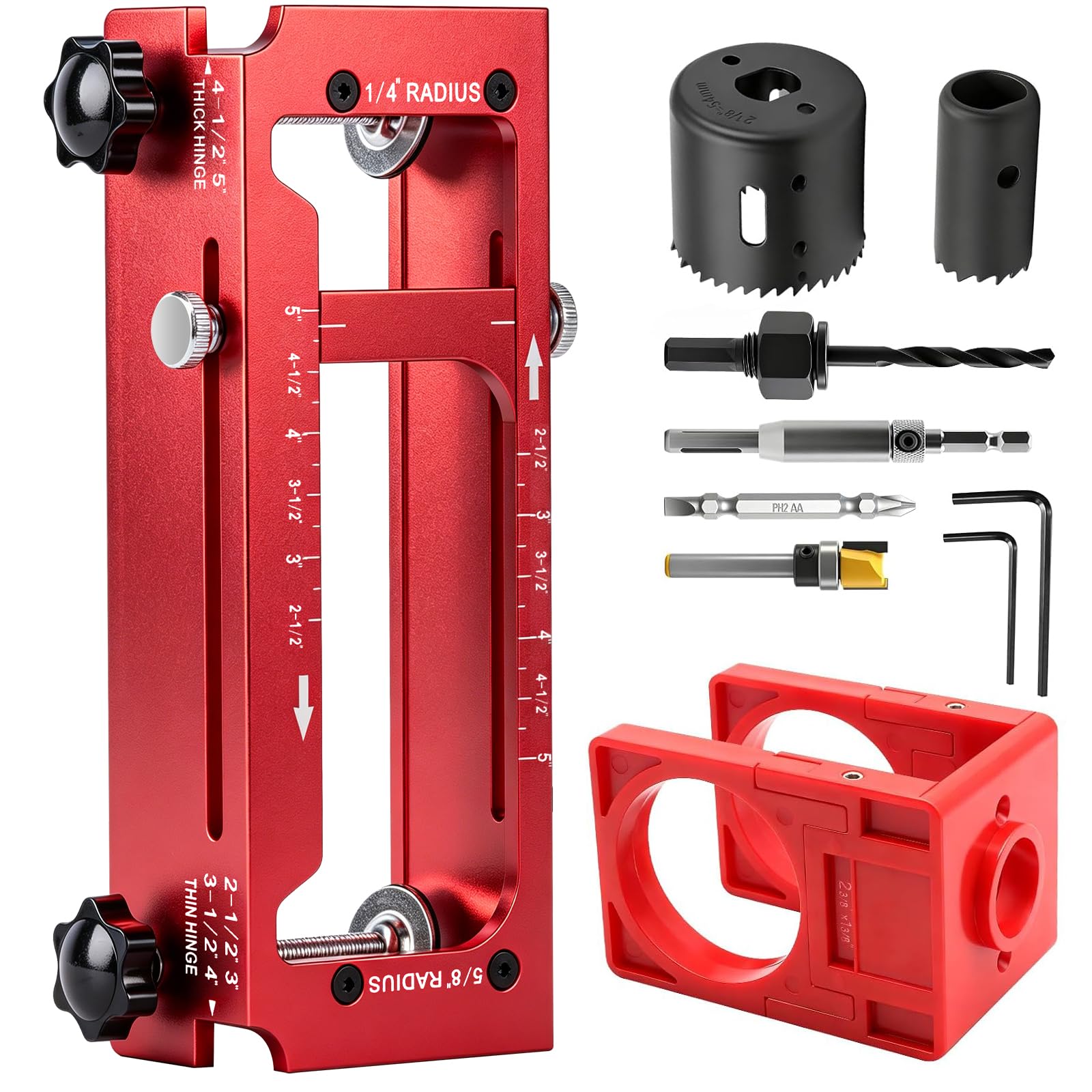 Door Hinge Jig & Door Lock Installation Kit, Aluminum Alloy Mortise Template for 2.5"-5" Hinges, Fits 1/4" & 5/8" Radius and Square Hinges, Adjustable for 1-3/8" to 1-3/4" Doors, Professional Woodwork