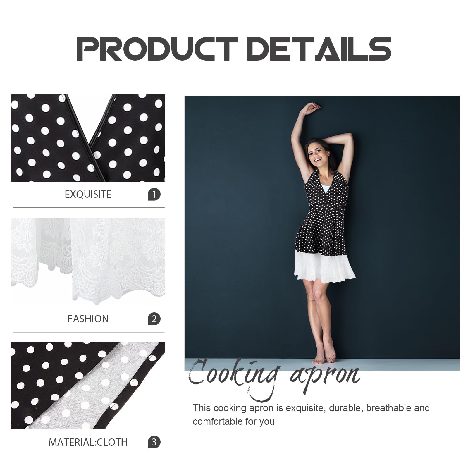 Alipis Delantal de Cocina Retro para Mujer Negro Estampado de Lunares, Cómodo y Transpirable, de Tela Vintage Adecuado para Tareas Domésticas y Hornear