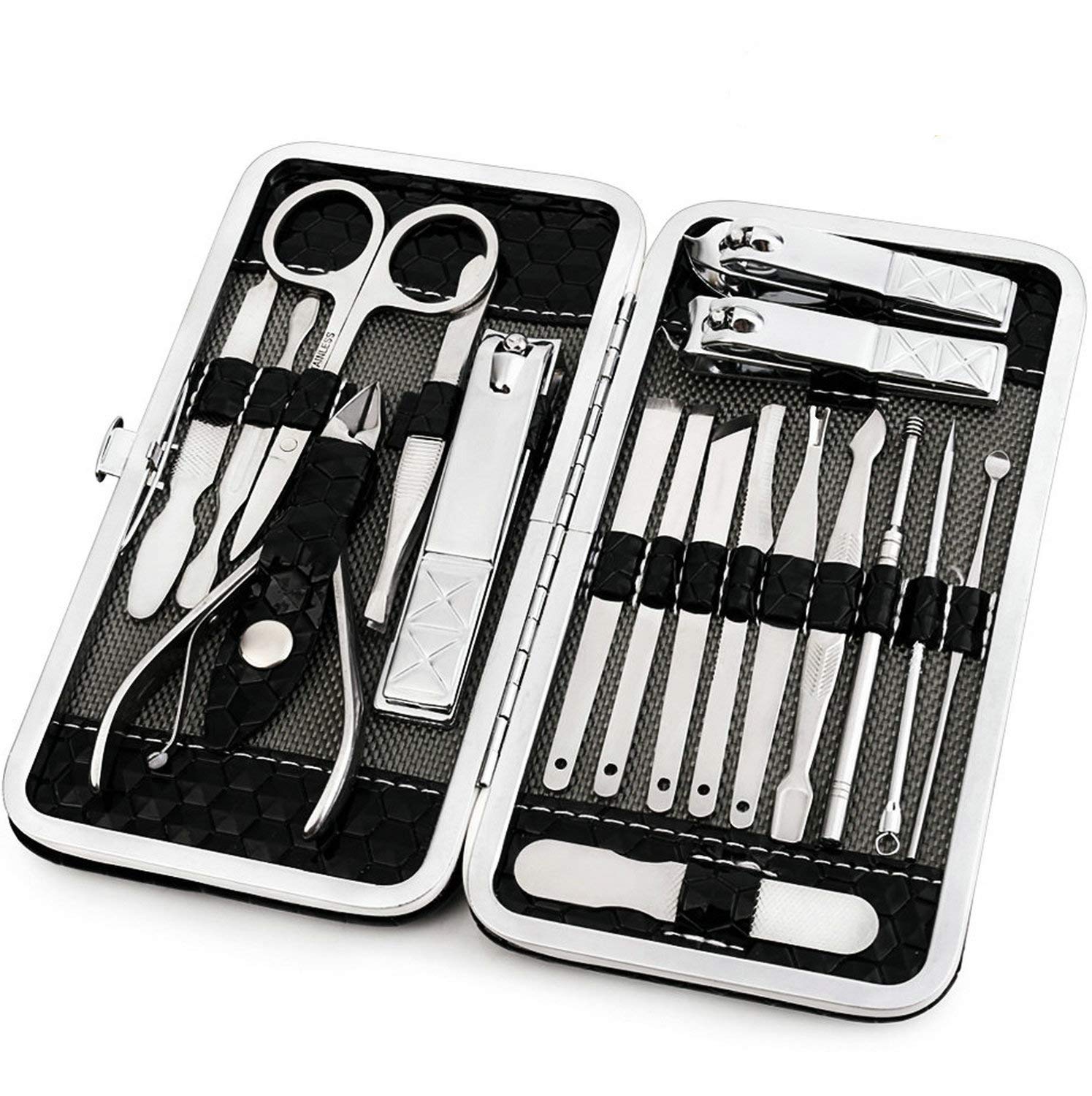 Manicure Pedicure Set Nail Clippers Kit 18 Pcs Stainless Steel Hygiene Kit Portable Nail Trimming set and Grooming Tools with Fine Leather Case [Gift Box] (18 PCS - Black)