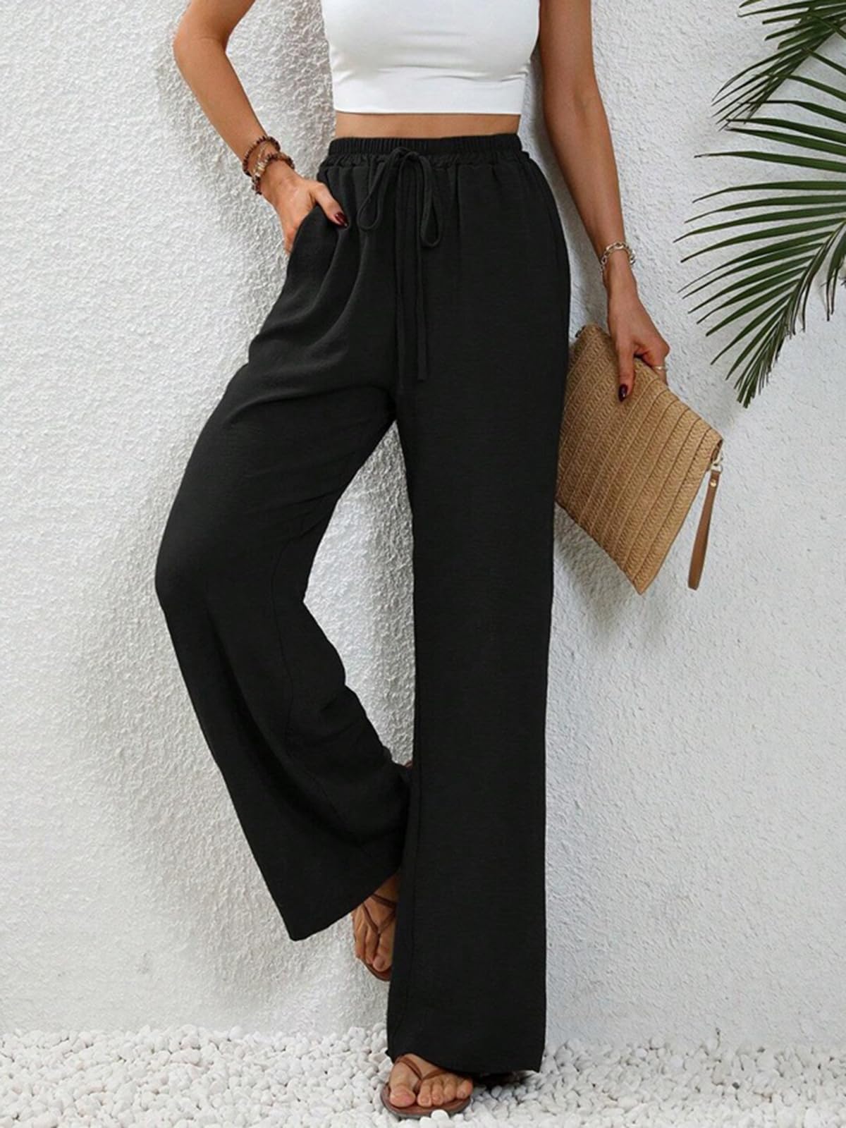 ALSOGO Pantaloni larghi da donna, eleganti, larghi, a vita alta, larghi, estivi, con tasche