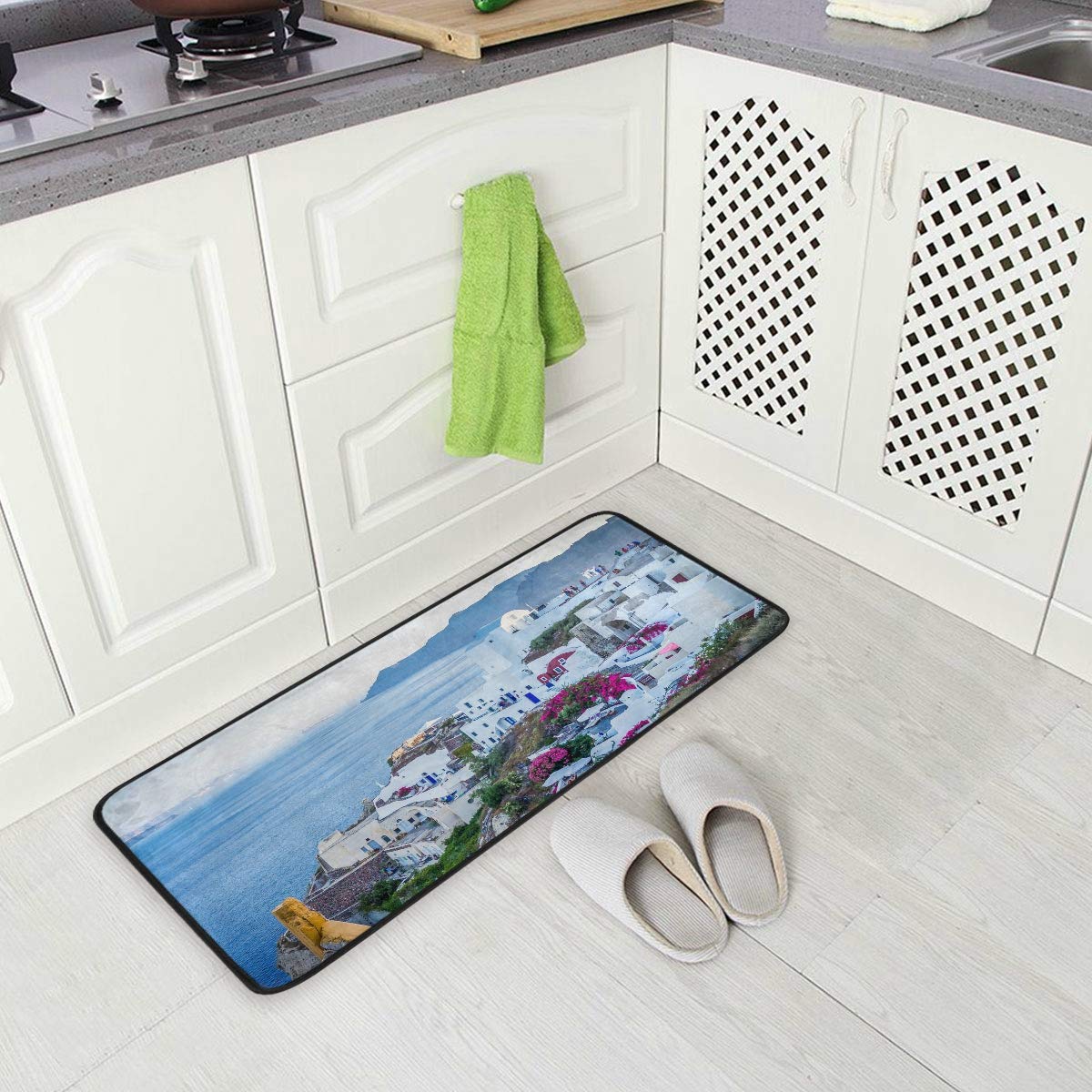 Santorini Village Greece Island Sea Kitchen Mats Indoor Outdoor Doormat Non Slip Kitchen Rug Comfort Small Floor Mat for Home, 39" x 20"