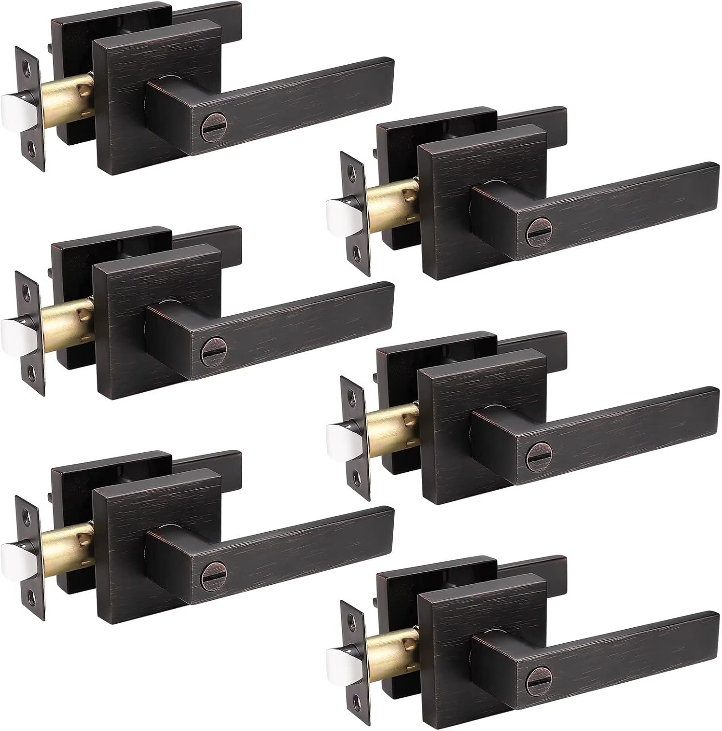 knobelite (6 Pack Privacy Door Lever, Locking Inside Door Handle Set- Privacy Function for Bedroom & Bathroom Doors, Oil Rubbed Bronze Handle Lever, Modern Contemporary Slim Square Design for Home