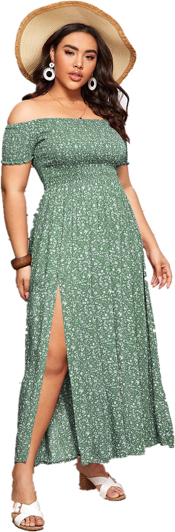 Women's Boho Floral Print Off Shoulder Split Long A Line Dress