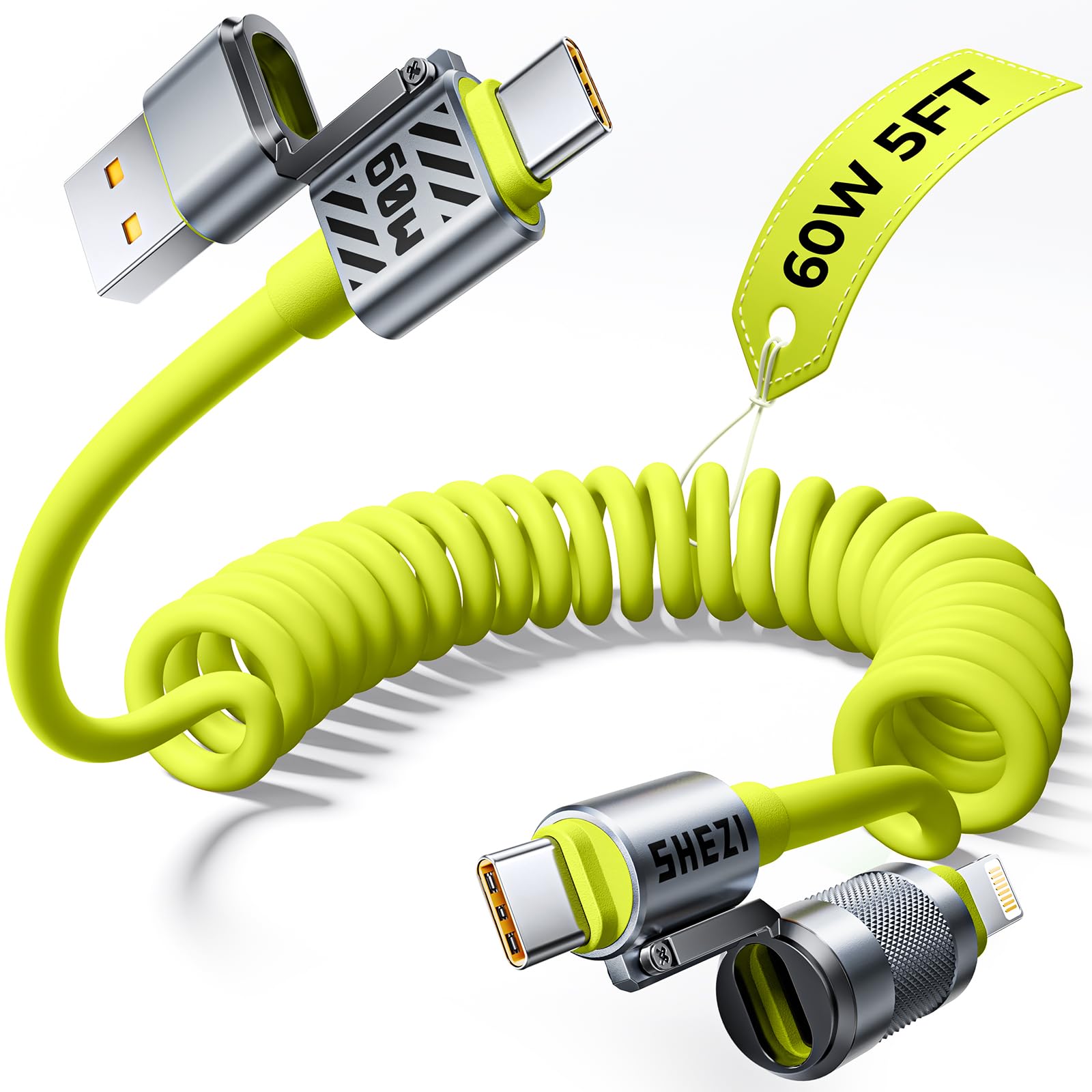 Jixivor Coiled Green Cable 4-in-1 USB C Cable 60W Compatible with Lightning Cable Fast Charging & Data Transfer, Support to CarPlay & Android Auto,