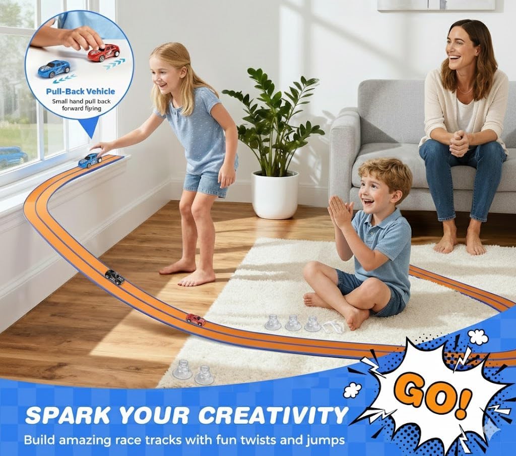15 Ft Flexible Race Track for Kids, DIY Car Track Set with 2 Toy Cars & 3 Suction Cup Ramps, Easter Basket Stuffers for Teens & Boys Girls, Creative Easter Gifts for Kids, Orange
