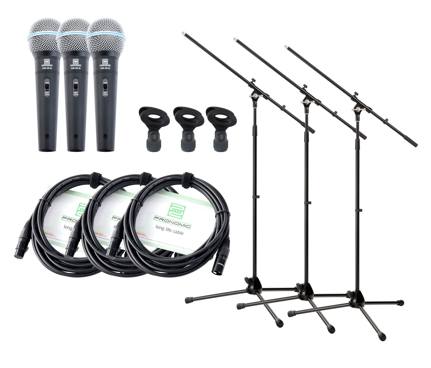 Pronomic DM-58-B Vocal Mikrofon Starter Set 3x Mikro, XLR Kabel, Klemme | Microfono, Microfono universale per voce e canto, Particolarmente adatto per DJ, beatbox, ecc., Suono potente e caldo, 5 kg