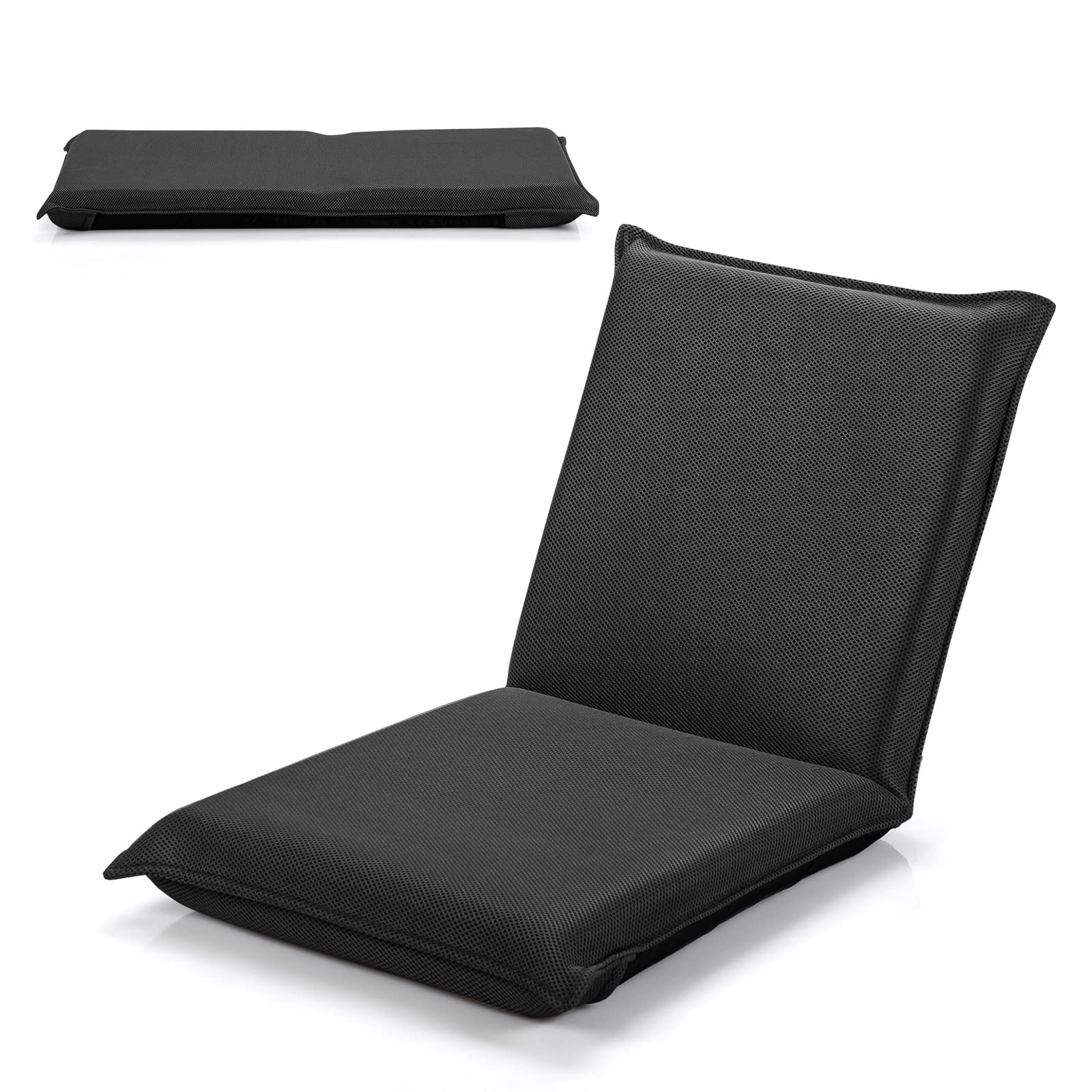 LIFEZEAL Chaise de Sol avec Dossier Réglable en 6 Angles, Siège de Sol Rembourrée avec Surface en Maille, 47 x 54 x 53,5 cm, pour Méditation, Yoga et Camping (Noir)