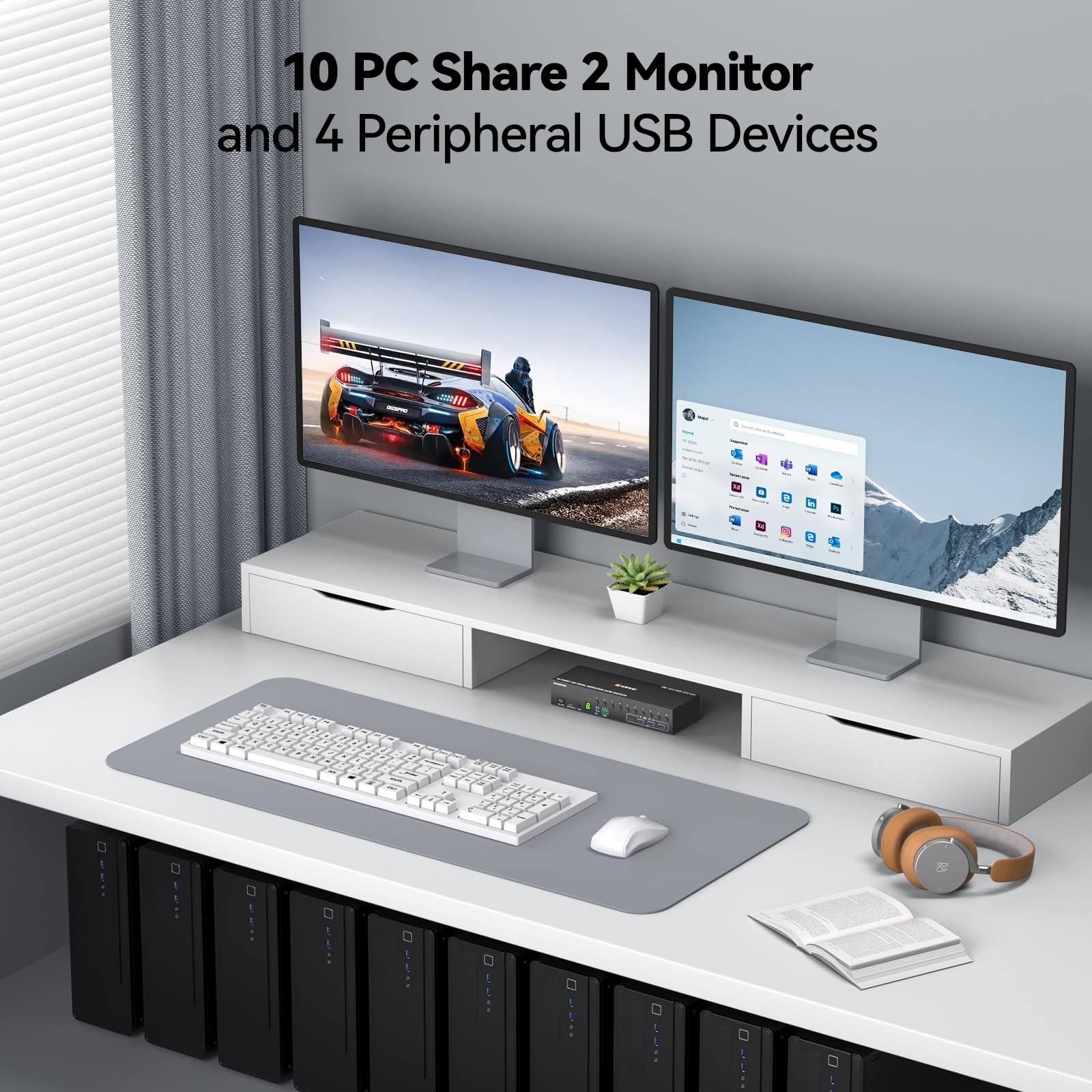 Commutateur KVM HDMI à 10 ports, 2 moniteurs, 10 ordinateurs, simulation EDID 4K @ 60 Hz, commutateur KVM double moniteur avec 4 ports USB 3.0 pour clavier, souris, imprimante audio, RS232, avec