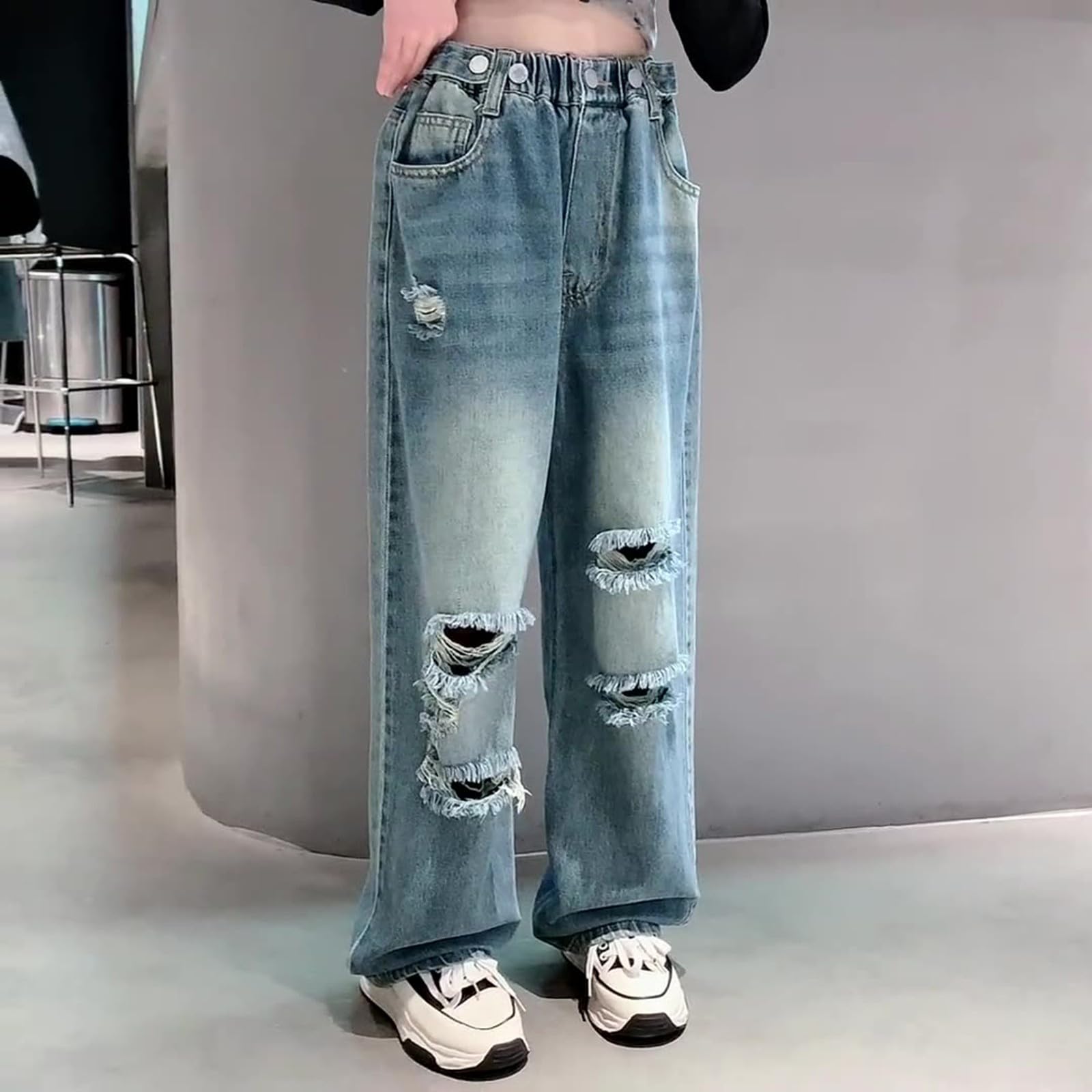 Generisch Stretch Jeans Mädchen,Madchen Elastische Bund Baggy Denim Hosen Mädchen Boyfriend Verstellbarem Bund Jogging Hose Gefütterte Lässige Teenager Girls' Casual Hosen Schlagjeans