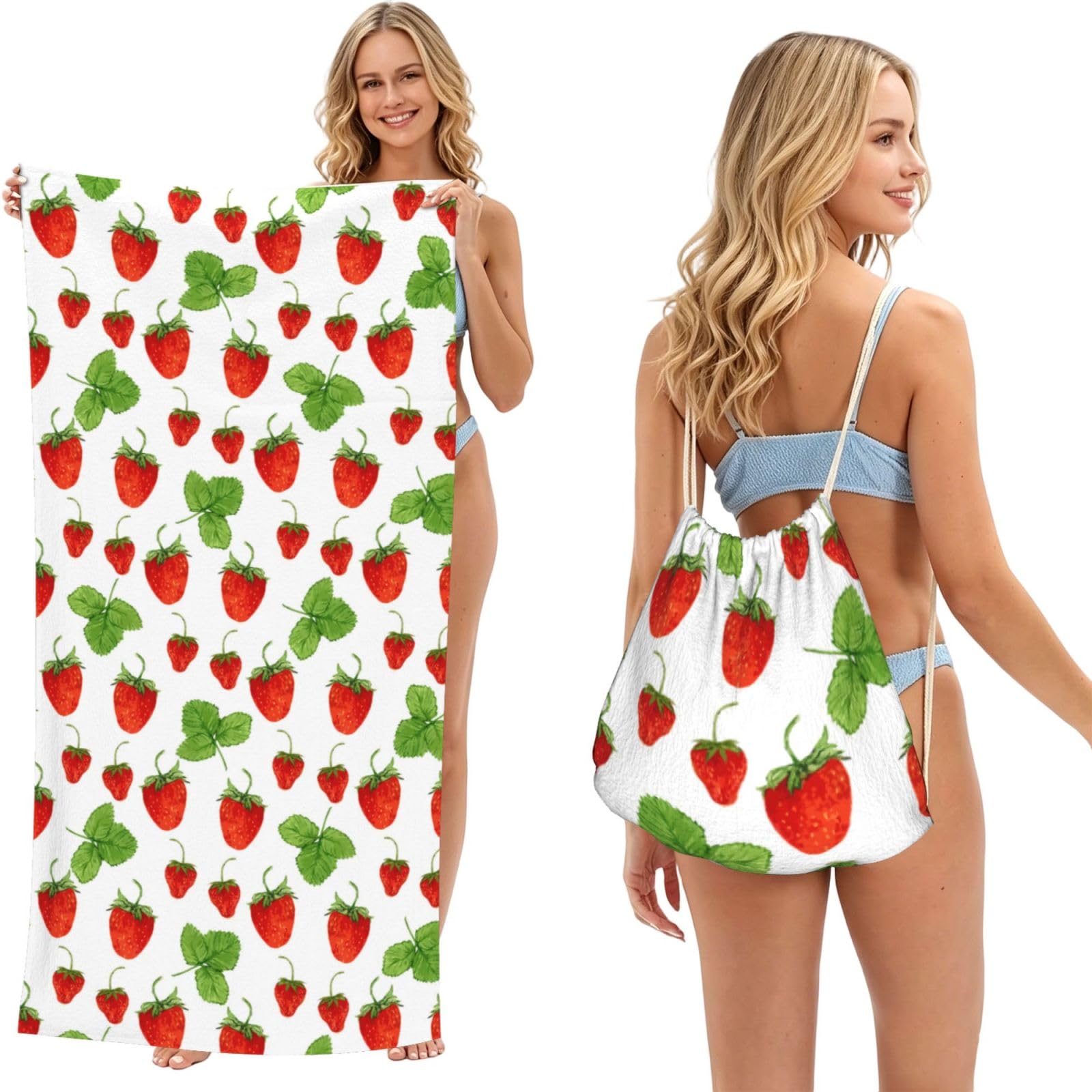 Poadnly As Picture Strawberry Plants Fruit White Print, 2 In 1 Packable Towel Bag, Beach Towels With Drawstring Backpack For Travel Holiday Camping