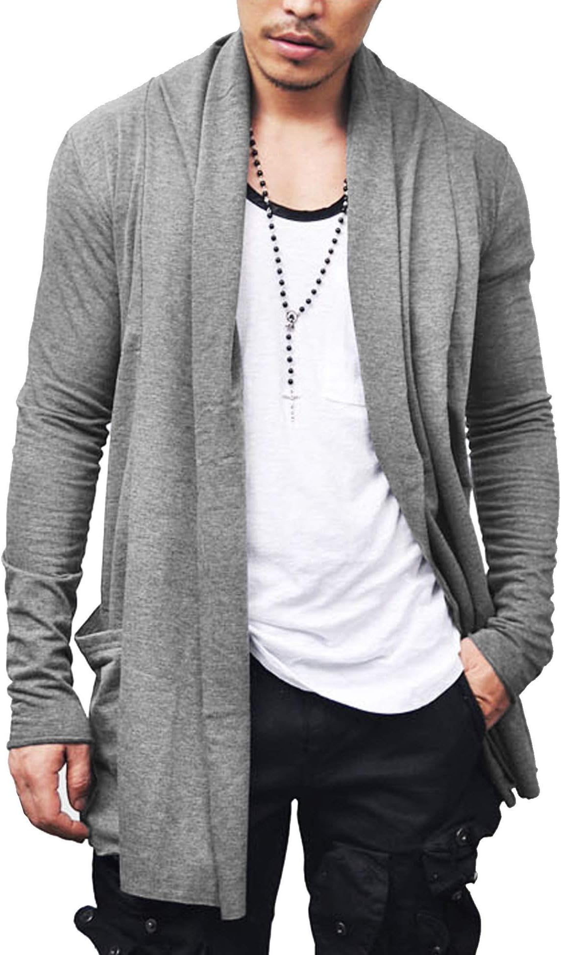 Men's Ruffle Shawl Collar Cardigan Lightweight Cotton Blend Long Length Drape Cape Overcoat