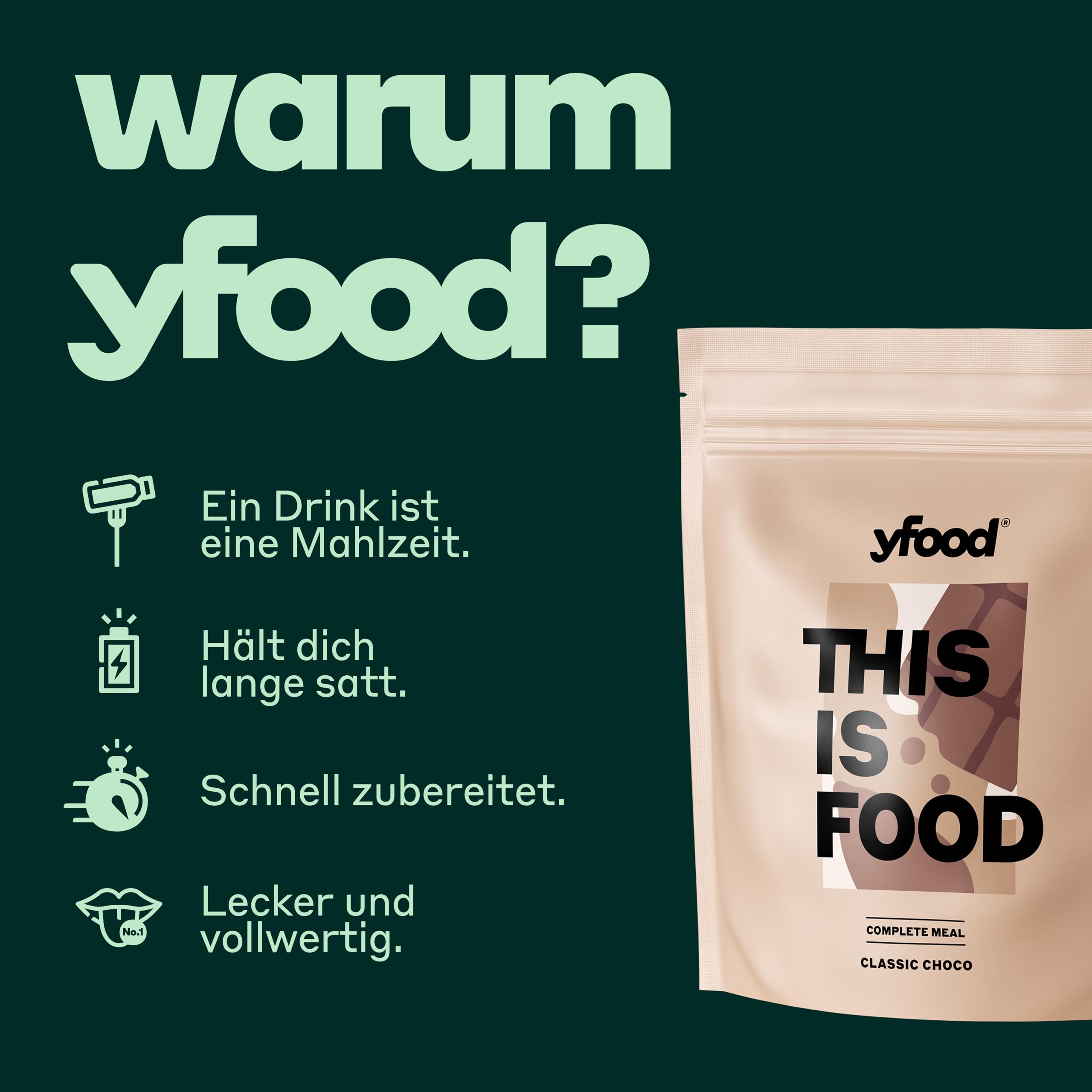 yfood Poudre Classic Choco, délicieux repas à boire à emporter en poudre, 25 g de protéines, 12 repas, 26 vitamines et minéraux, goût chocolat
