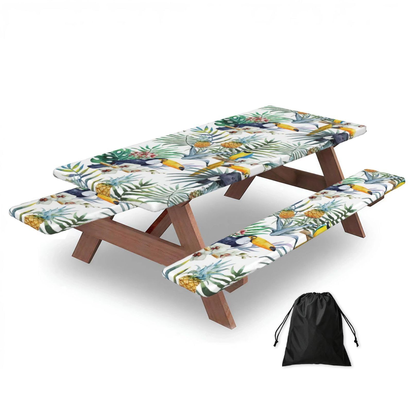 Zyjhyy Black Tropical Leaves Bird Print Party Table Covers With Bench Covers Set Of 3 Picnic Table Cloth Wipe Clean For Garden Camping