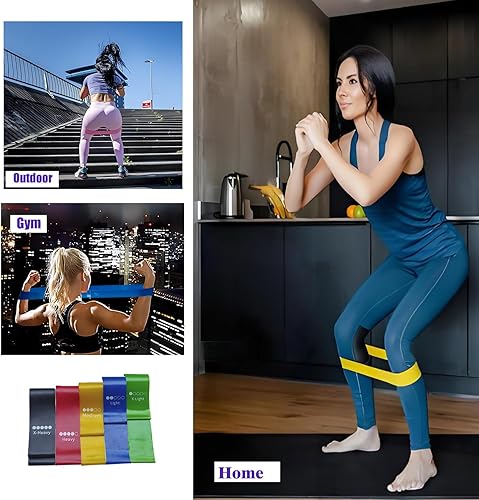 Miniatura 5 de Bandas de resistencia para entrenamiento, paquete de 5 niveles diferentes, bandas elásticas multicolor para gimnasio en casa, entrenamiento de