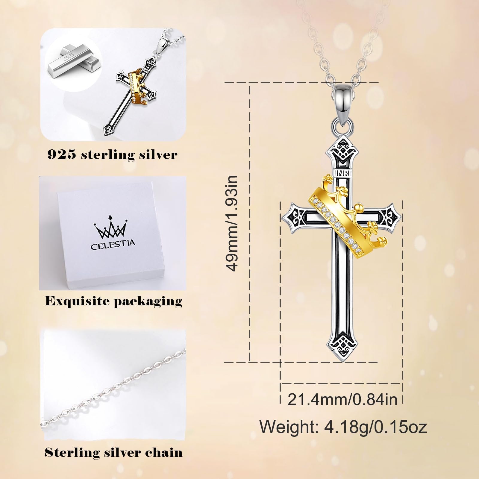 CELESTIA Naszyjnik damski srebrny krzyż srebro próby 925 krzyż dziewczyna z pozłacaną koroną - regulowany łańcuszek ze stali nierdzewnej 51 cm, biżuteria prezent dla kobiet oryginalny