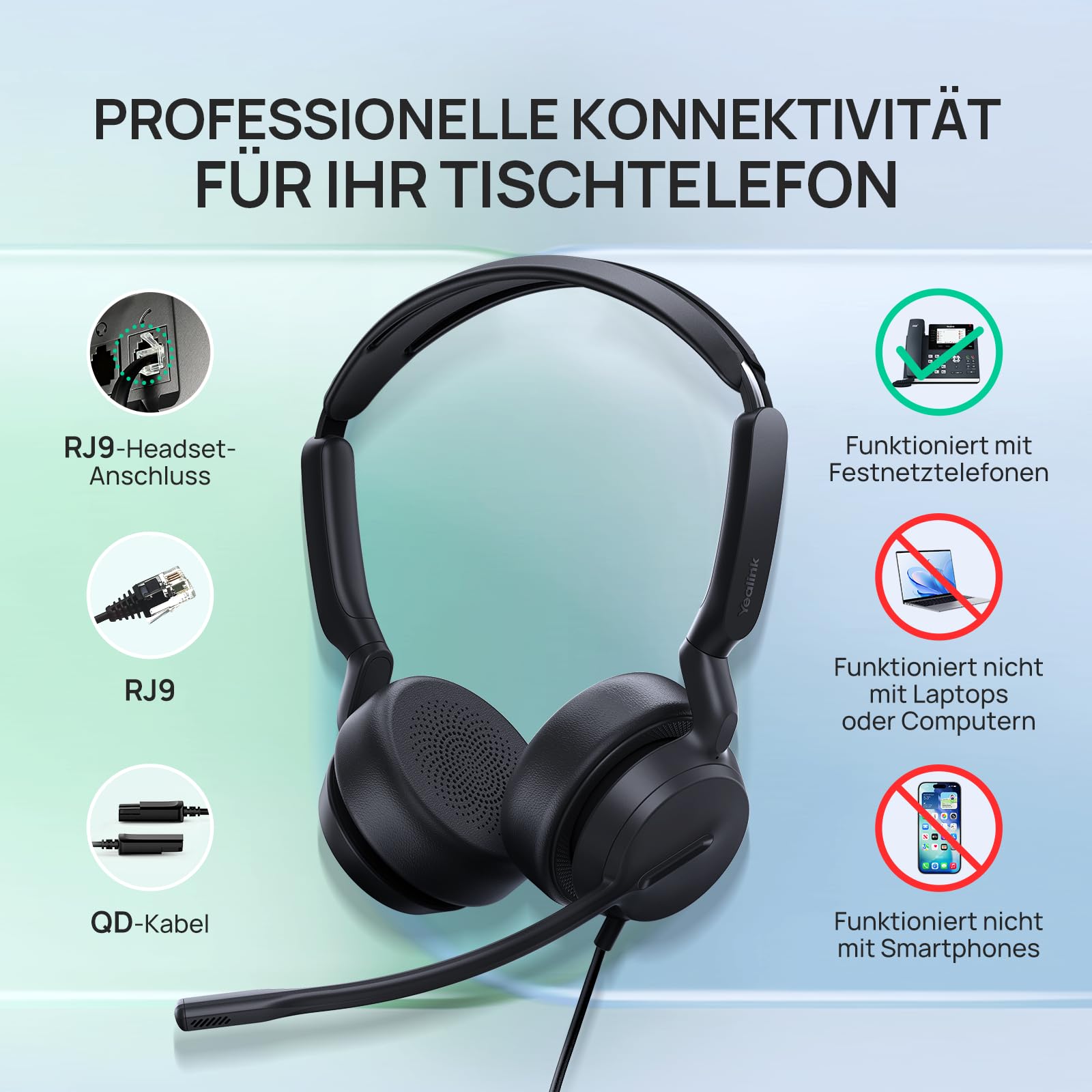 Yealink YHS36 E2 Casque téléphonique Filaire avec Microphone et connecteurs RJ9 et QD Compatible avec Les téléphones Poly, Avaya, Snom et Grandstream Convient aux téléphones de Bureau