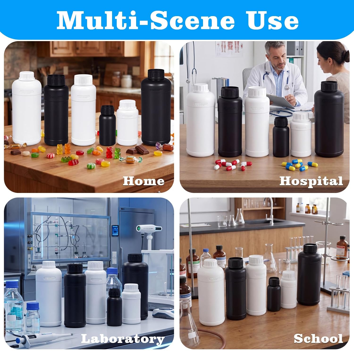 2 Pack 34 Oz / 1000 ML Fluorinated HDPE Chemical Storage Bottles with Screw Caps, White Wide Mouth Lab Reagent Bottles for Industrial Liquids, Samples, Laboratory and Workshop Storage