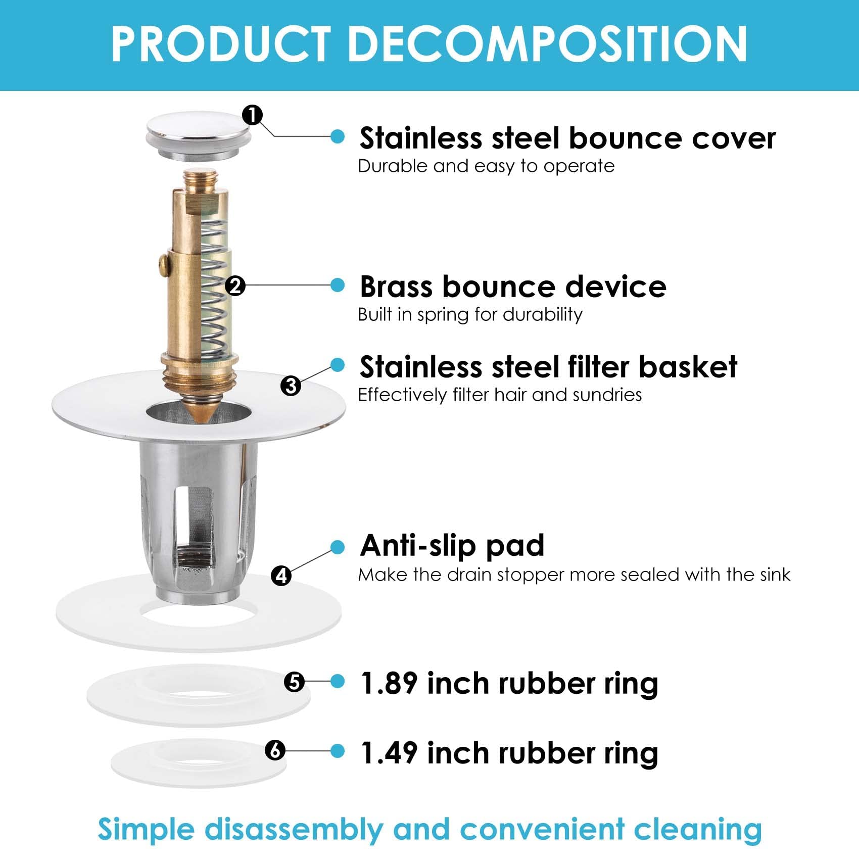 2-Pack Bathroom Sink Stopper Drain Plug - Universal Fit For 1.1" To 1.85" Holes - Pop-Up Design With Hair Catcher - Solid Brass - View #5