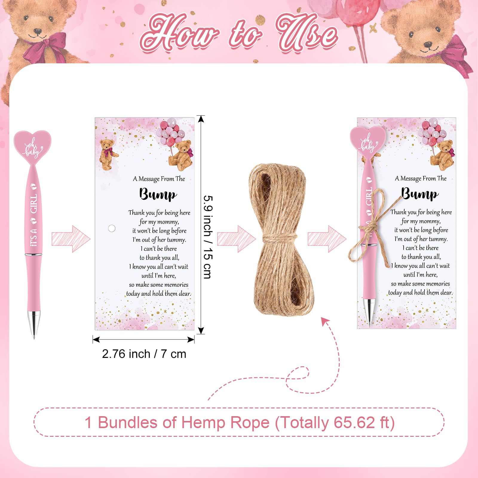 Qeeenar Juego de 50 recuerdos de baby shower para invitados, 1 letrero de agradecimiento por venir, 50 bolígrafos en forma de corazón, 50 tarjetas de agradecimiento con cordel para baby shower (niña,