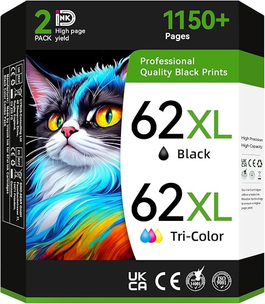 InkID Printer Ink 62 Compatible for HP 62XL Ink Cartridge Combo Pack Black/Color Fit for Envy 7640 5660 5540 7645 7644 5