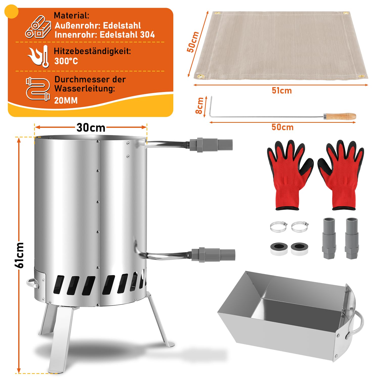 Fiqops Leña, calentador de piscina, calentador de piscina con fuego, calentador de piscina, cañón de fuego, acero inoxidable, piscina climatizada, cubo de fuego 36/38 mm de conexiones, 100% acero