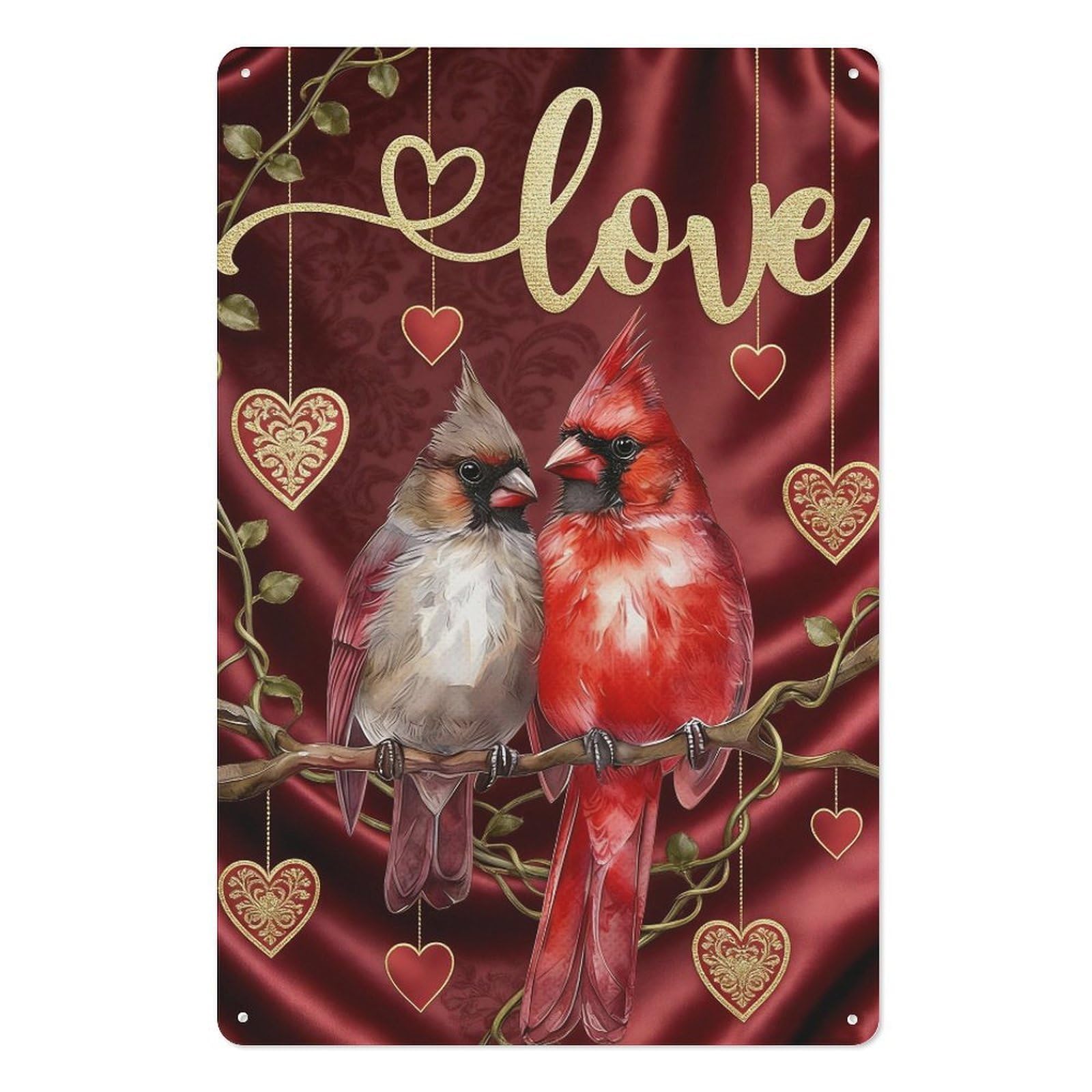 peiyeety Love Metal Tin Sign 8x12 Inch – Realistic Northern Cardinal Pair with Red Velvet Background and Gold LOVE Cursive Wall Decor Plaque for Home, Cafe, Bar