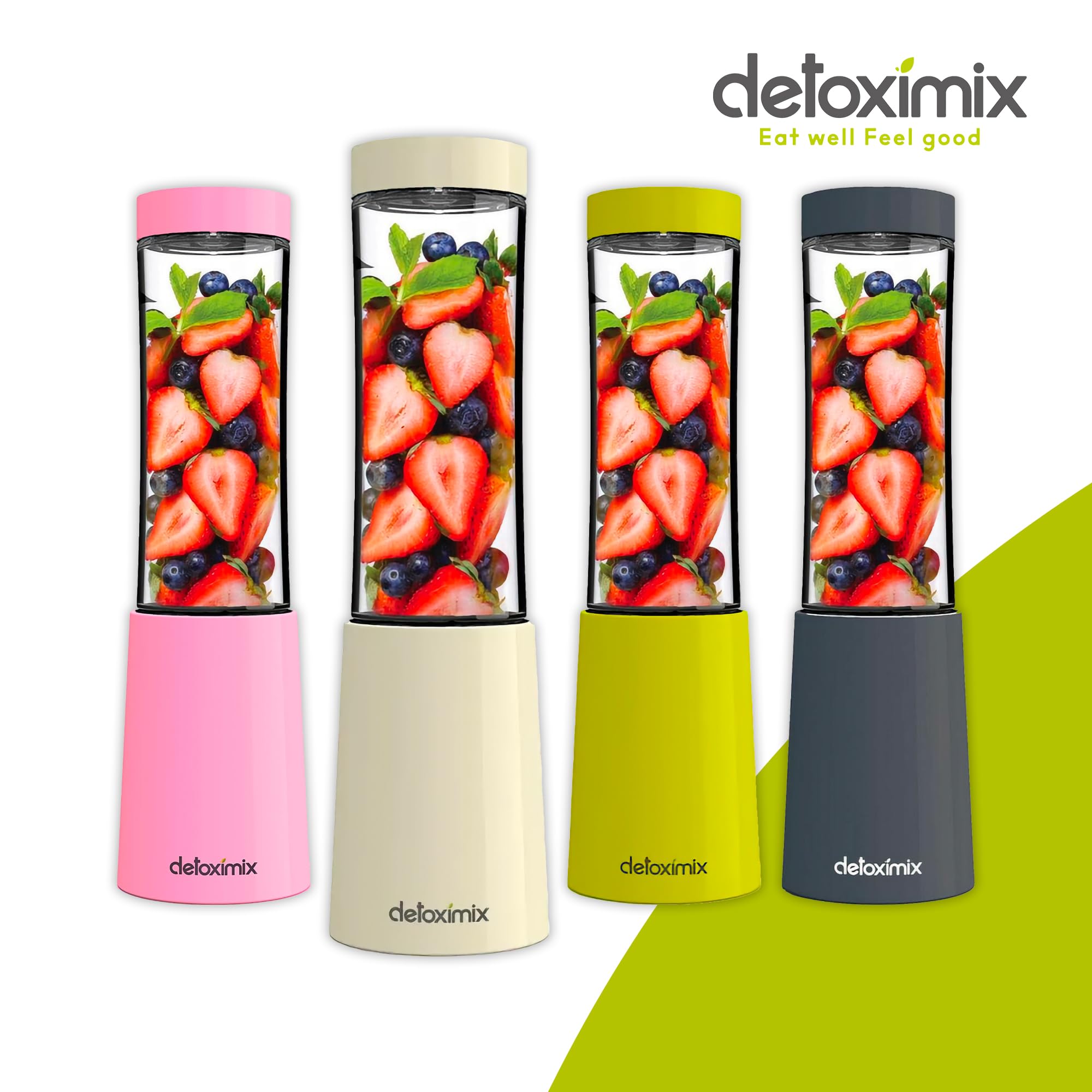 DETOXIMIX - Mini Blender Compact 150W 280ml - Smoothie Milk-shake Jus Fruits ou Légumes - 2 Bouteilles Gourdes avec Couvercle de Voyage + Livret de Recettes Inclus - Plastique sans BPA 4 Lames - Blanc