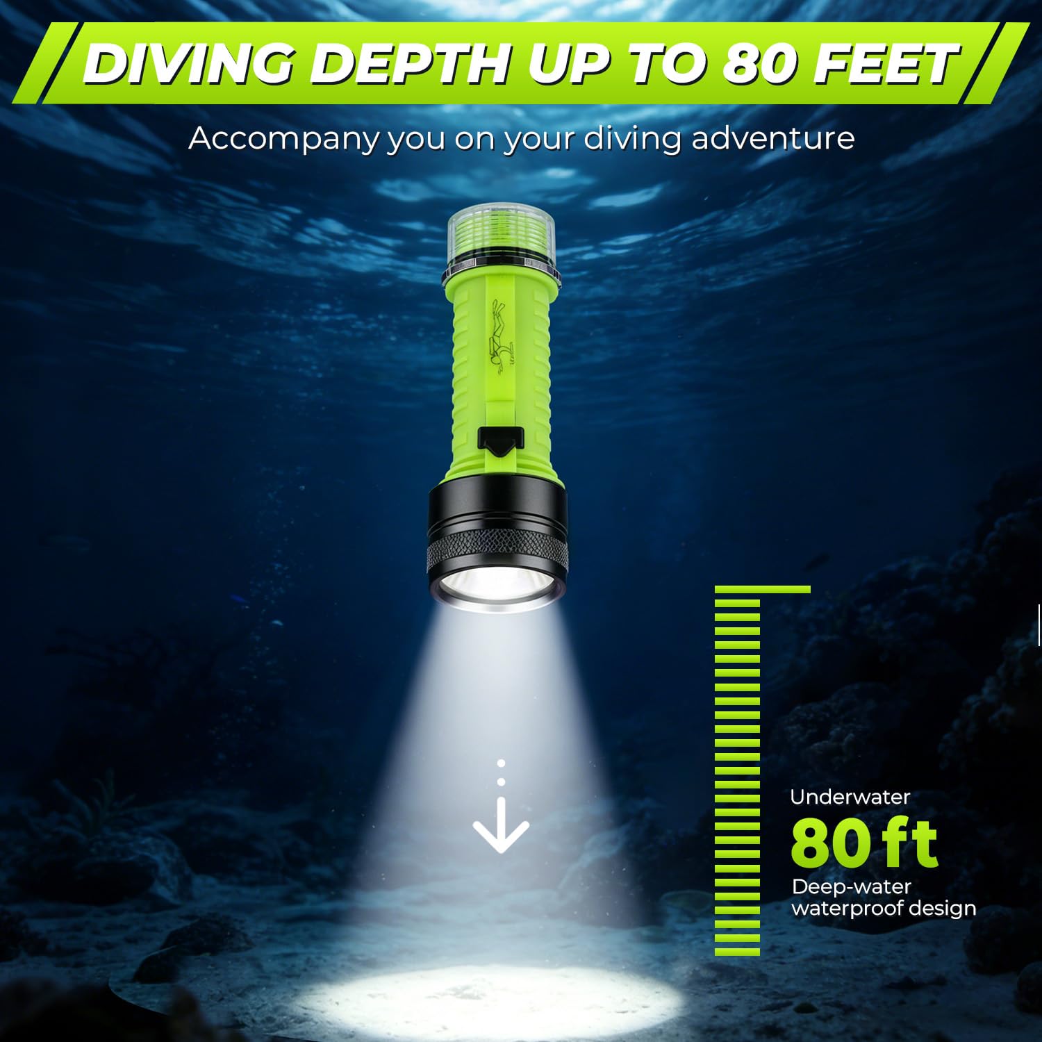 Linterna de buceo recargable, 1500 lúmenes, IPX8, impermeable, luz de buceo, linterna LED, 3 modos bajo el agua, linterna de buceo nocturna, luz sumergible para deportes al aire libre bajo el agua