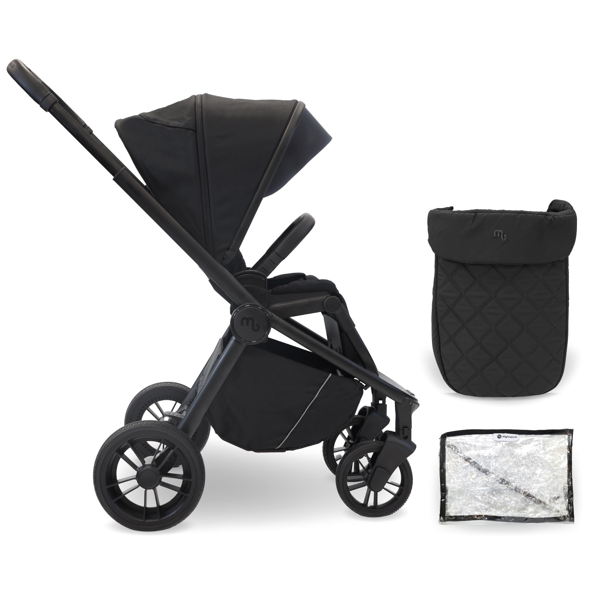 My Babiie MB450 Pushchair – from Birth to 4 Years (22kg), Parent & World Facing, 4-Wheel Suspension, Large Basket, XL Canopy, Foldable, Compact, Stroller with Footmuff, Rain Cover – Black