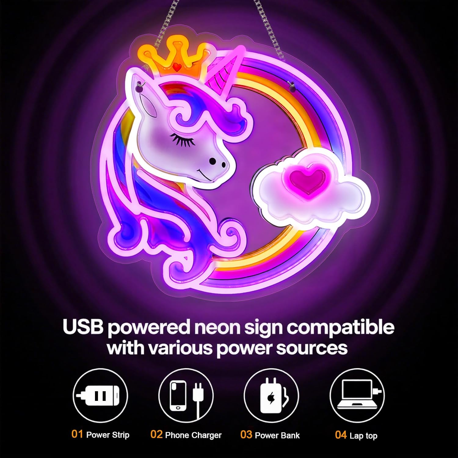 Unicorn Neon Sign for Wall Decor,10 Adjustable Dimmable Colorful Rainbow Unicorn Neon Lights for Girls Room,USB Powered Unicorn Led Signs for Bedroom Kids, Unicorn Lights Gifts for Christmas Birthday - Image 5