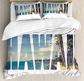 Ambesonne Hawaiian Duvet Cover Set Queen Size, Word Hawaii with Tropical Island Photo Exotic Popular Places Palm Forest by Ocean, Decorative 3 Piece Bedding Set with 2 Pillow Shams, Blue White
