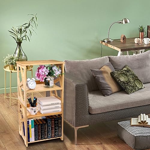Miniatura 2 de Hedume Librería, estantería abierta de 3 niveles, estantería pequeña de bambú, estantería natural de bambú, organizador de libros, estante abierto,