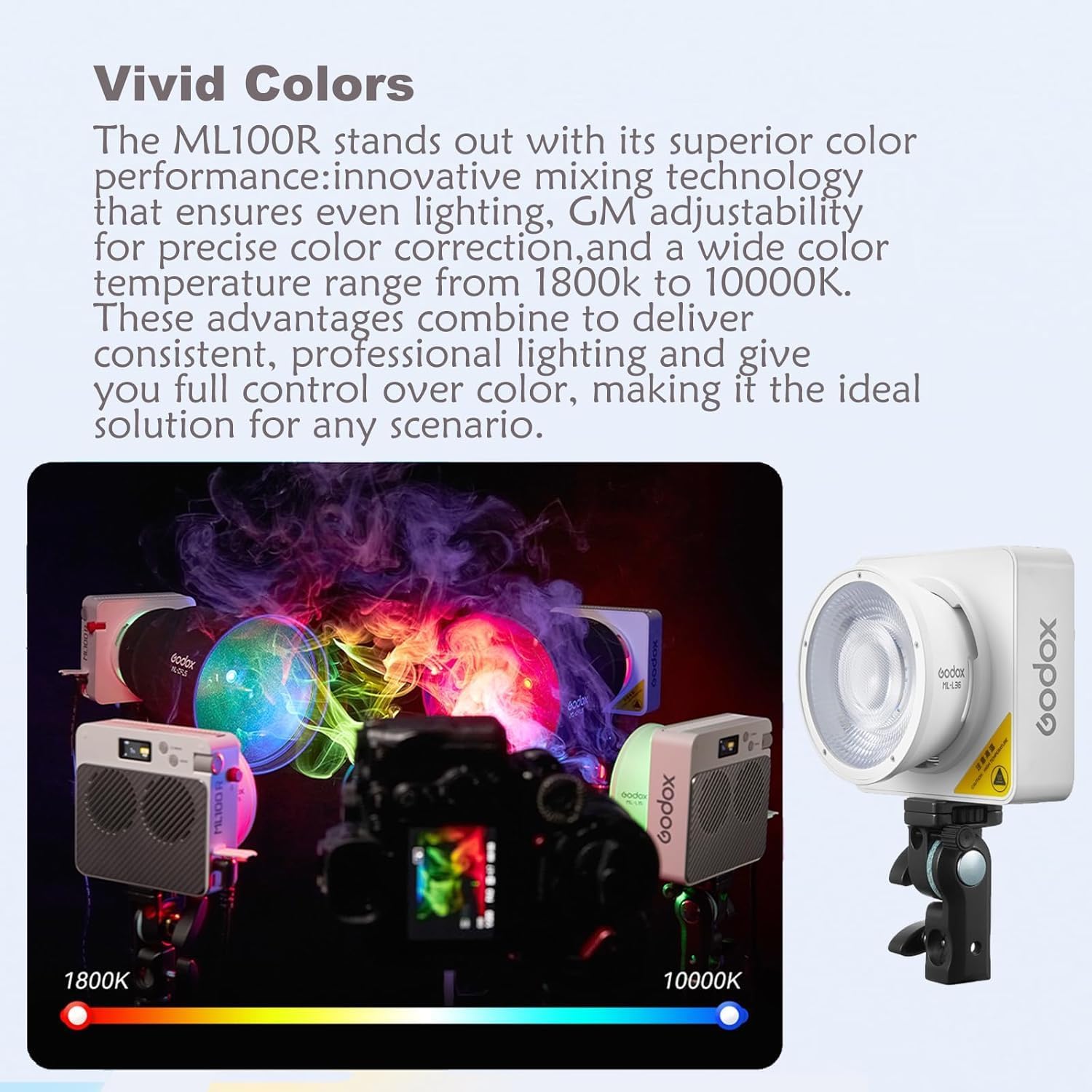 Godox ML100R demonstrating its wide color temperature range from 1800K to 10000K with vibrant colors.