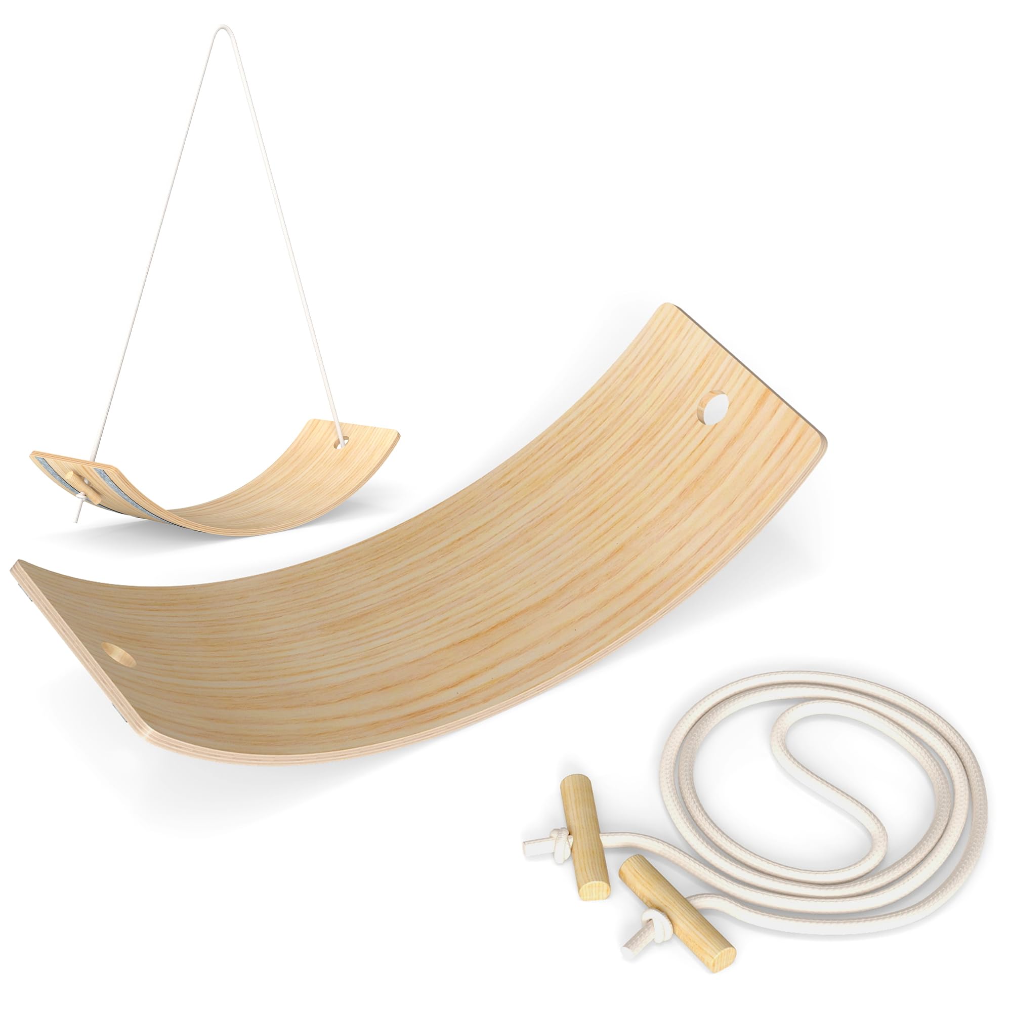 Aiyaplay Kids Wooden Balance Board With Rope And Felt For Sensory Play - 81W X 29D X 19.5H Cm - Natural Wood Finish