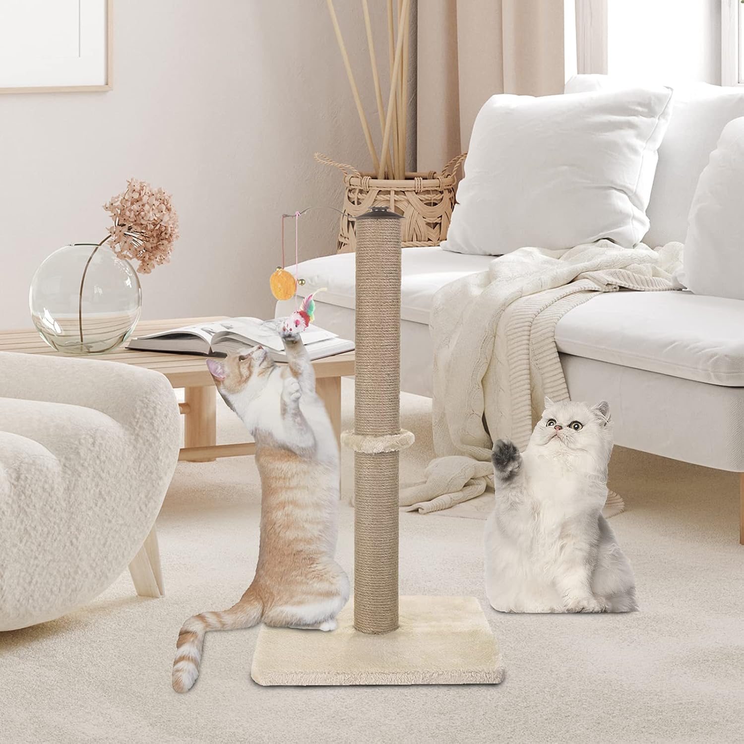Akarden Cat Scratching Post, 360 Degree Rotating Cat Claw Scratcher with Hanging Ball, Cat Furniture, Soft Smooth Plush, 26.3'' in Height