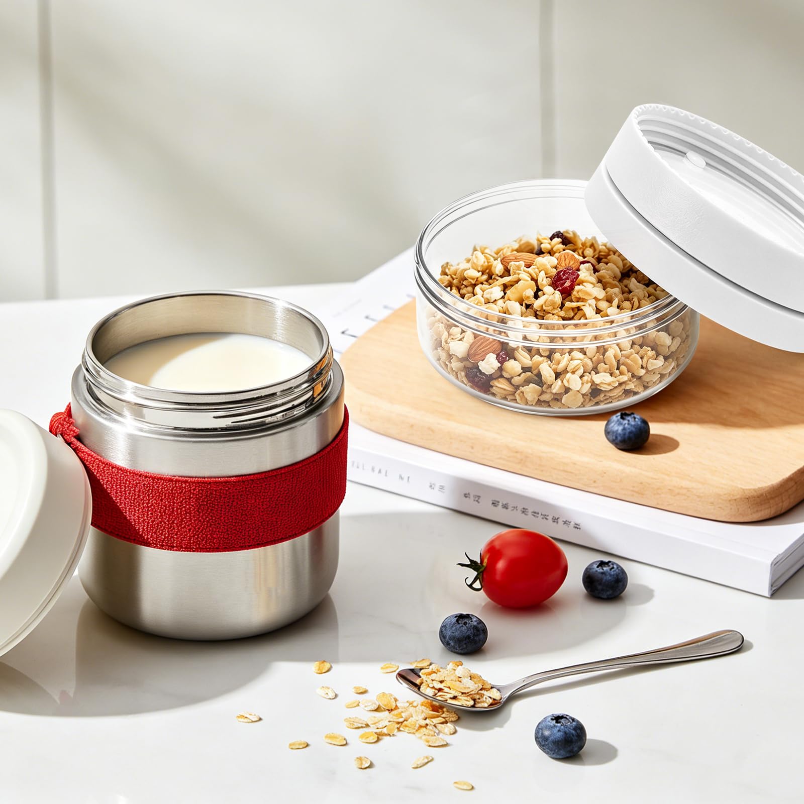 MplehDa Edelstahl Müslibecher to go 500 ml + 220 ml Joghurt und Müsli to go Becher Jogurtbecher für Unterwegs mit Löffel Auslaufsicher Isoliert