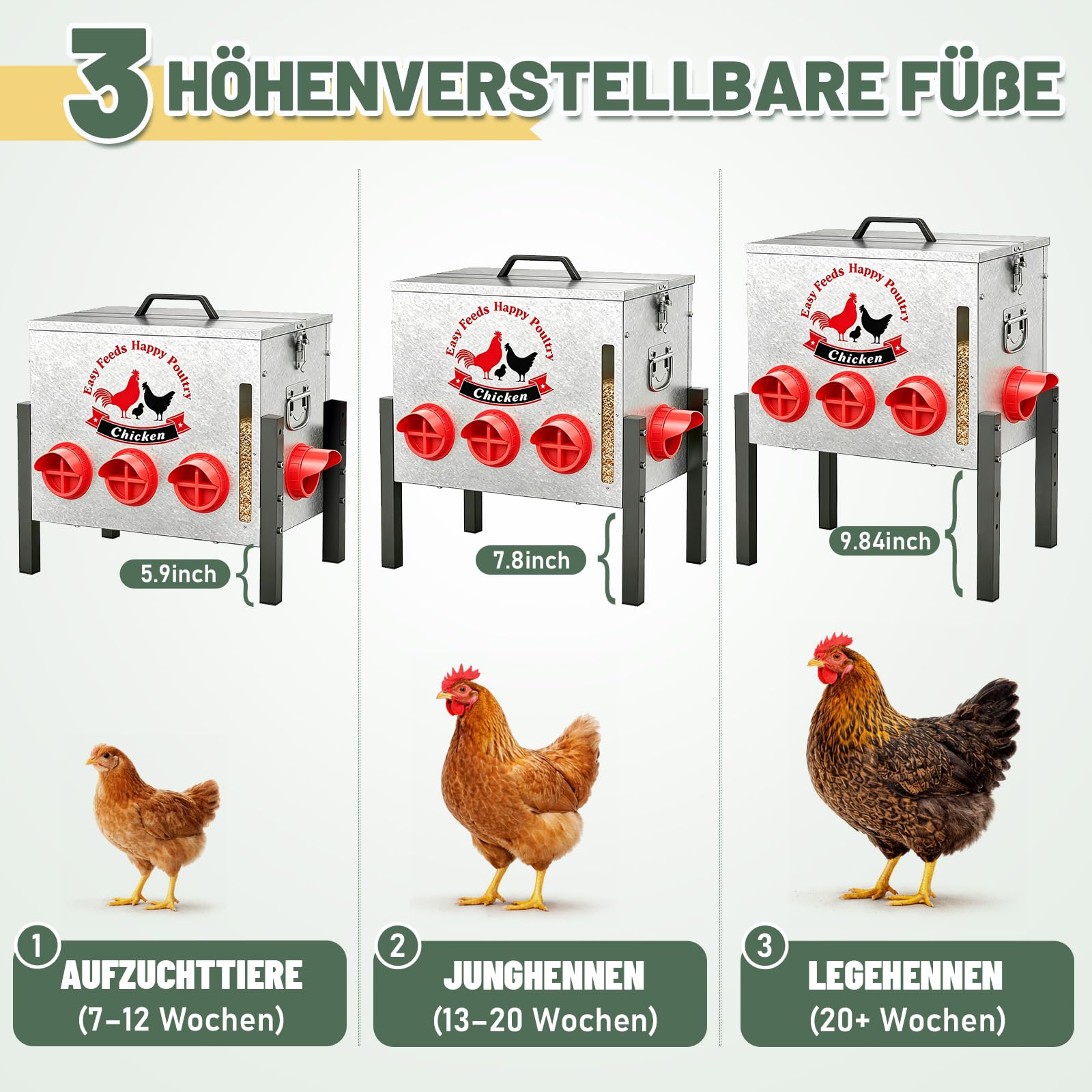 25 kg Futterautomat für Hühner, Hühnerfutter Automat mit 8 Fütterungsöffnungen, Fenster, Höhenverstellbar, Rattenfest Futterspeicher für Hühner, Enten, Gänse, Zubehör für Hühnerstall